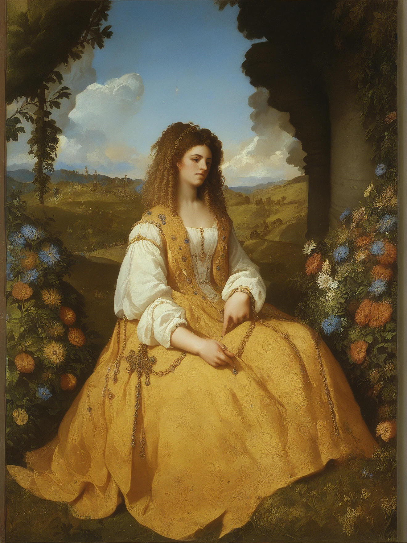 painting of a woman in a golden dress sitting in a landscape, by William Dobson, inspired by Cornelis Claesz van Wieringen, inspired by Johannes Cornelisz Verspronck, inspired by Jan van de Cappelle, by Johannes Cornelisz Verspronck, inspired by Pieter Cornelisz van Slingelandt, hands