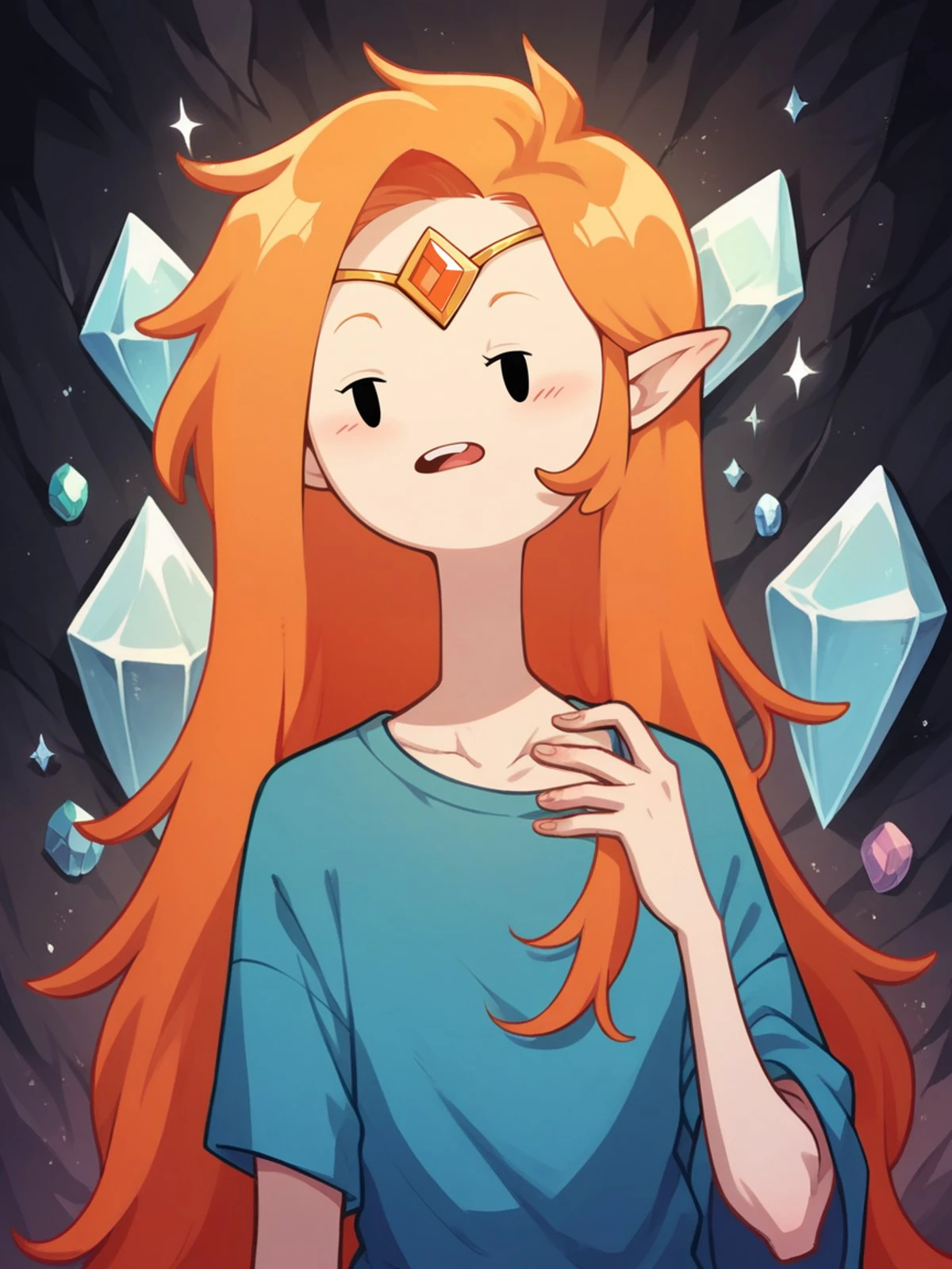 score_9, score_8_up, score_7_up, score_6_up, score_5_up, score_4_up, 4dv3ntur3t1m3, adventure time, <lora:4dv3ntur3t1m3XLP:0.9> 1girl, orange hair, portrait, long hair, crystals, cave,