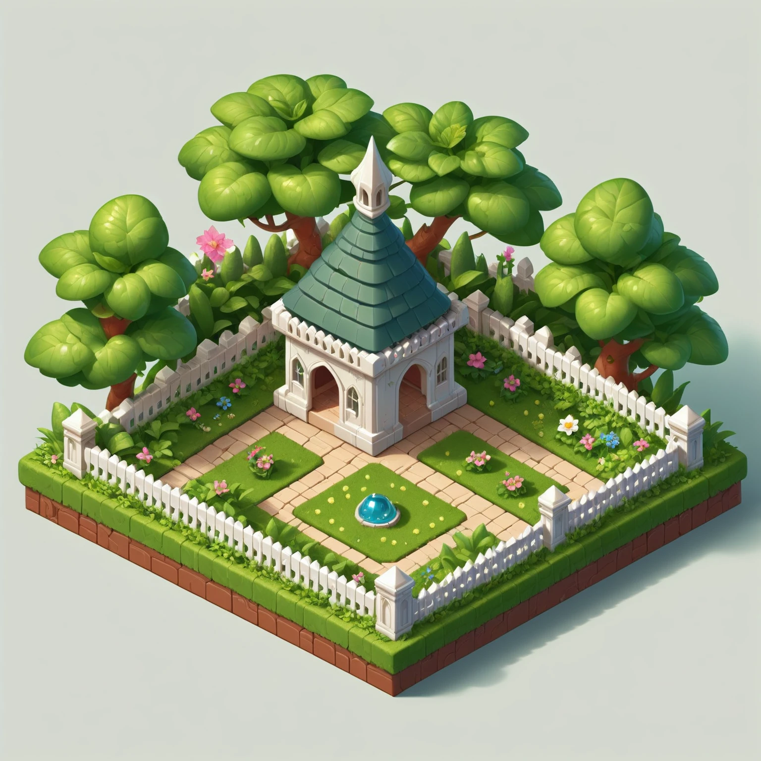 Elven Architecture Isometric view of garden with fence, gates, and courtyard <lora:Elven Structures Isometric:1>