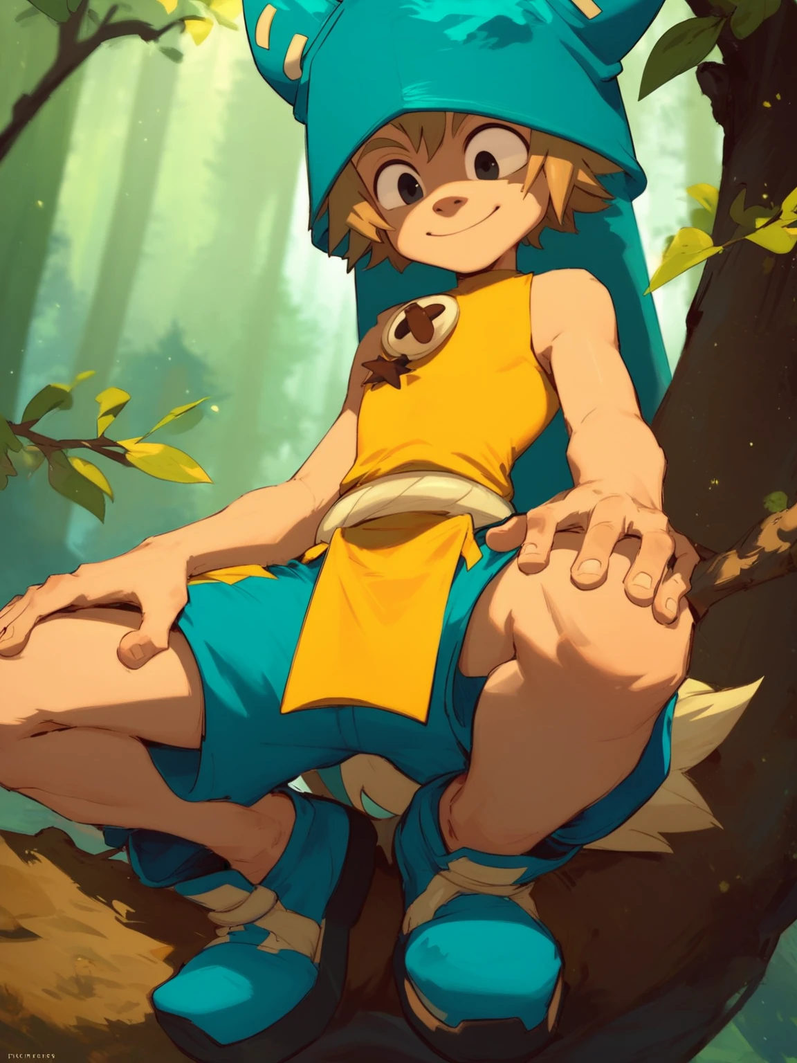 score_9, score_8_up, score_7_up, male focus, 1boy, solo, <lora:Yugo:0.8>, Yugo, black eyes, blue hat, blue shorts, yellow sleeveless top, yellow pelvic curtain, light smile, forest, squatting, spread legs, in tree, on branch, hands on own knees, thighs,