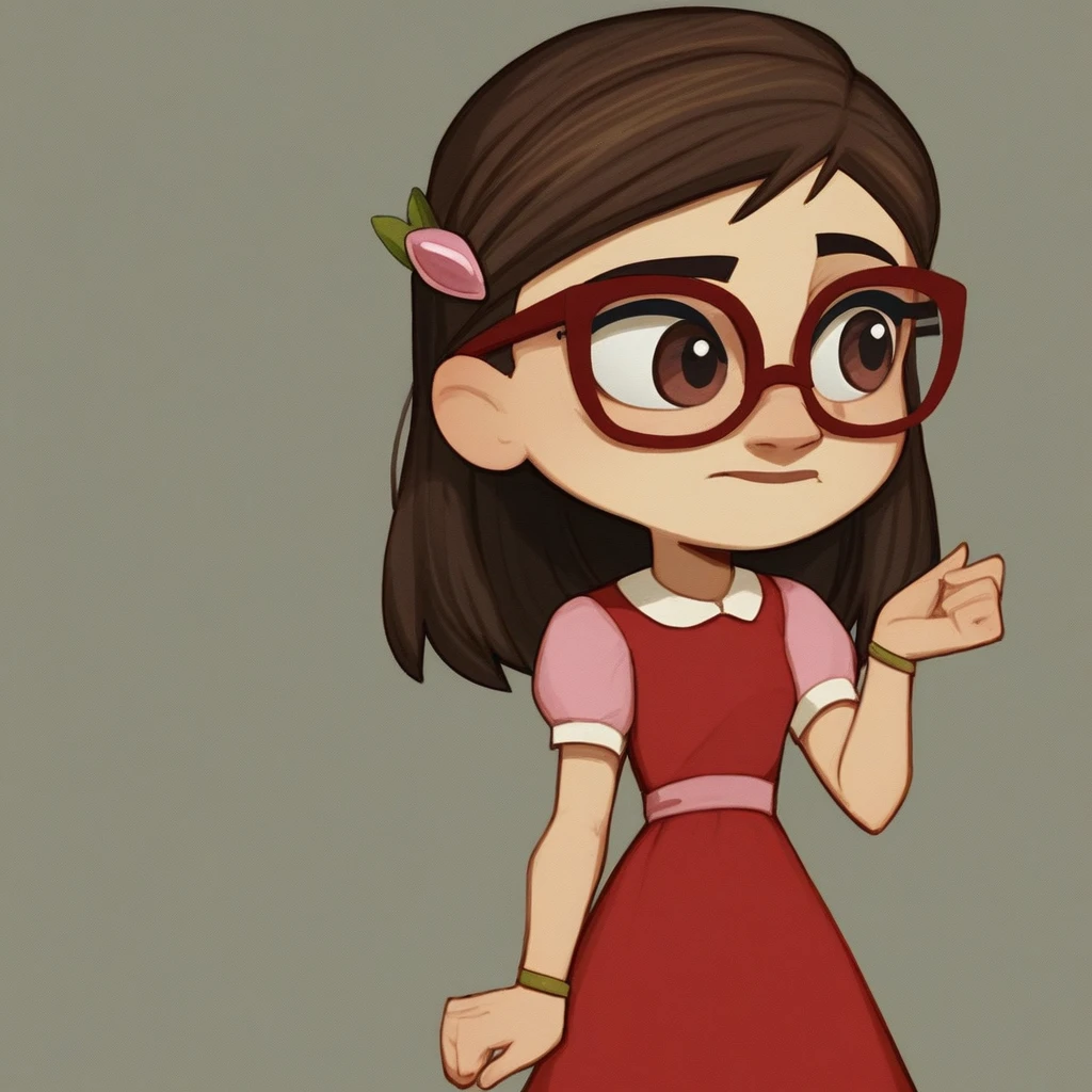 score_9, 1girl, brown hair, glasses, dress, hair ornament