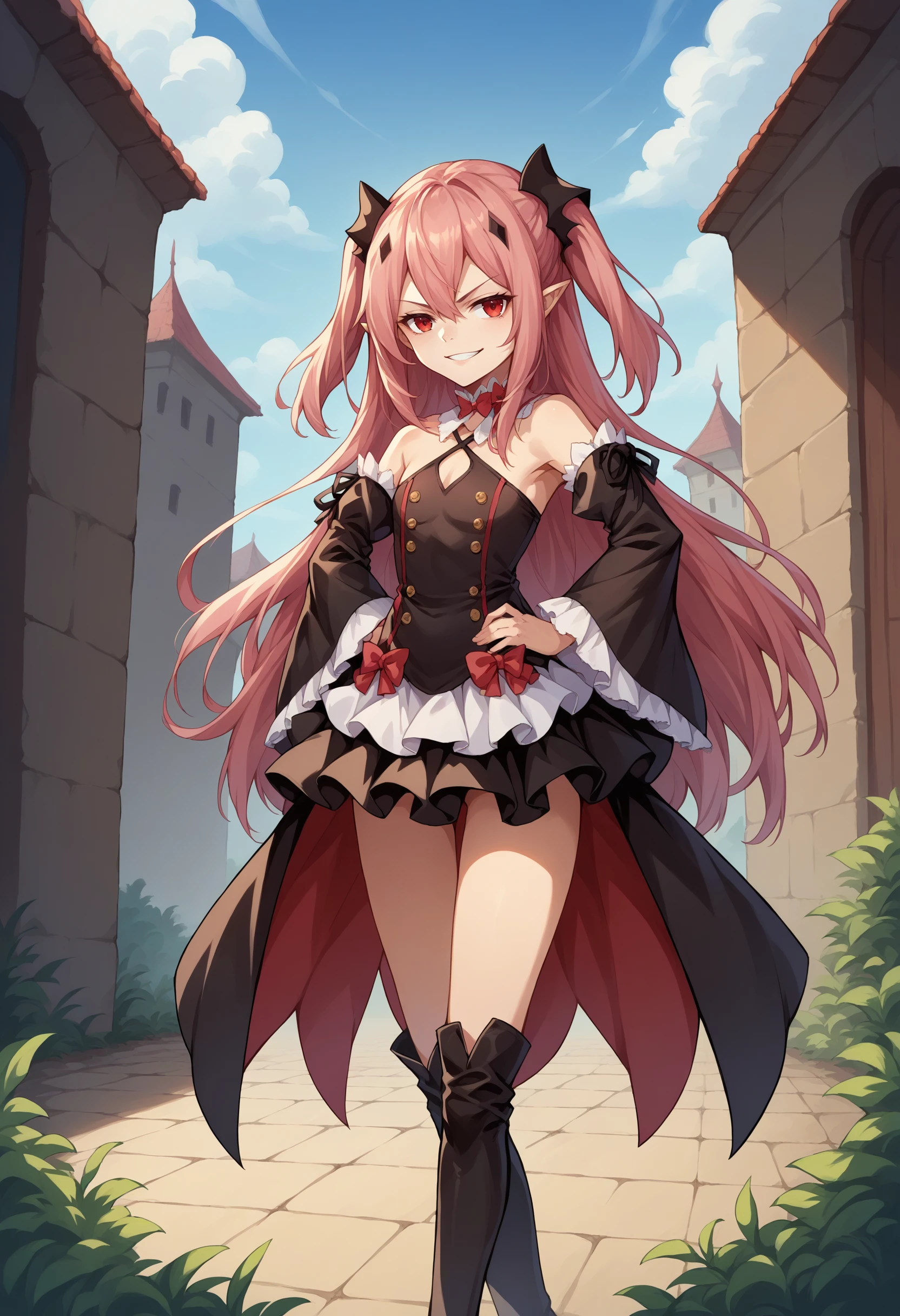 score_9, score_8_up, source_anime, 1girl, solo, KrulTepes, long hair, two side up, hair ornament, detached collar, red bow, black dress, bare shoulders, frills, detached sleeves, thigh boots, outdoors, hands on hips, smirk, <lora:ChamKrulTepesPonyXL:1>