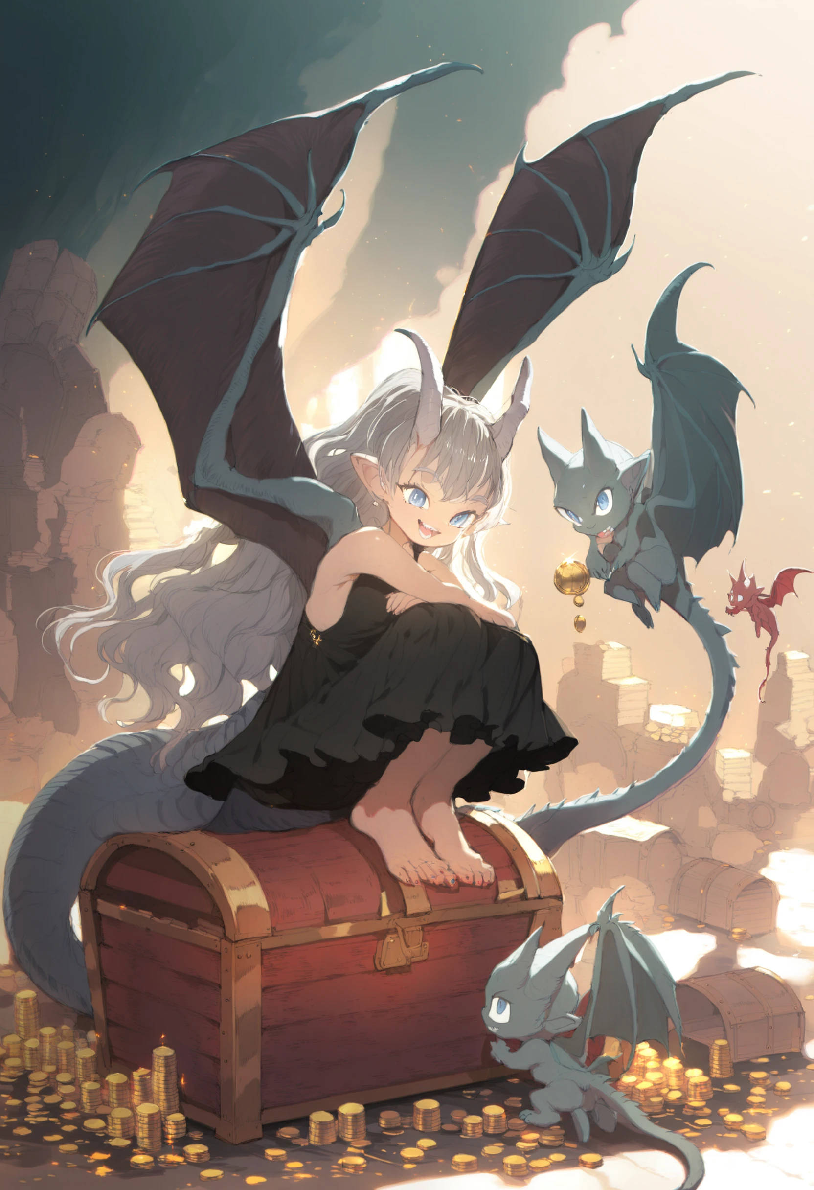 masterpiece, best quality,
1girl,
treasure chest, blue eyes, horns, gold coin, coin, tail, wings, dress, dragon tail, black dress, cat, sitting, teeth, dragon, pointy ears, long hair, sleeveless, gold, creature, grey hair, dragon girl, solo, squatting, navel, red scales, treasure chest, very long tail, open mouth, sleeveless dress, :d, dragon wings, holding, monster girl, smile, very long hair, upper teeth only, on floor
<lora:åºæ°´XLlokr8f-000186:0.9>