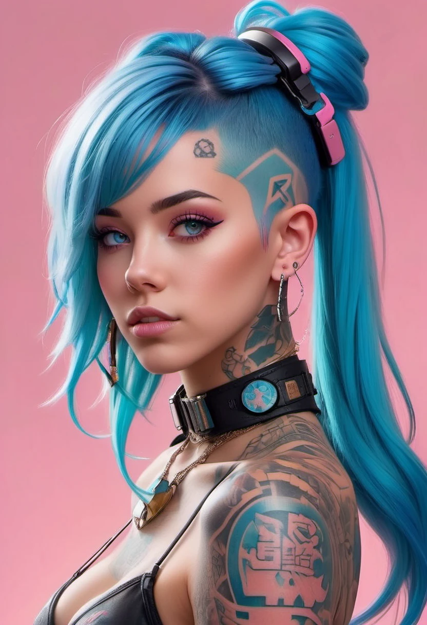 ASCIIA young girl with blue hair and tattoos on her neck, in a cyberpunk style, on a pink background, in an anime art style, a closeup portrait, with high resolution, detailed facial features, photorealistic, tattoo design in the style of Peter Mohrbacher and Greg Rutkowski, front view, with a 50mm lens, hand