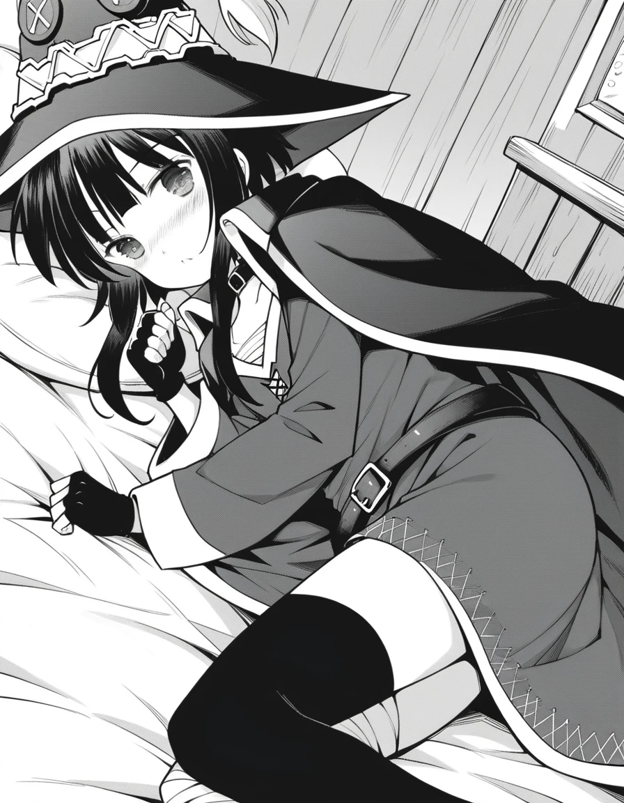 score_9, score_8_up, score_7_up, source_anime,
konosubamegumin, <lora:konosuba-megumin-manga-ponyxl-lora-nochekaiser:1>,
megumin, short hair, black hair, short hair with long locks, monochrome, greyscale,
thighhighs, gloves, hat, dress, black gloves, belt, black thighhighs, fingerless gloves, cape, collar, witch hat, bandages, single thighhigh, asymmetrical legwear, bandaged leg,
indoors, bed, bed room, on side, blush, drunk,
looking at viewer, dutch angle, cowboy shot,