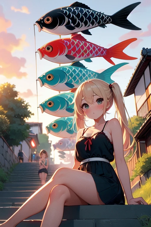 (((masterpiece))), (((best quality))), (((from below))), ((koinobori)), ((black carp)), ((red carp)), ((blue carp)), (carp streamer), (flag pole), looking up, parted lips, floating hair, camisole, walking, busy, street, alley, sky, wind, tree, petals, greenery, lamppole, power pole, low house, japan building, ((crowd)), ((vendors)), ((summer festival)), ((sunset)), (sitting on stairs), solo, 1girl, blonde hair, twintails, cleavage, big tits, shy, blush, slim figure, <lora:girllikekoinobori:0.9>