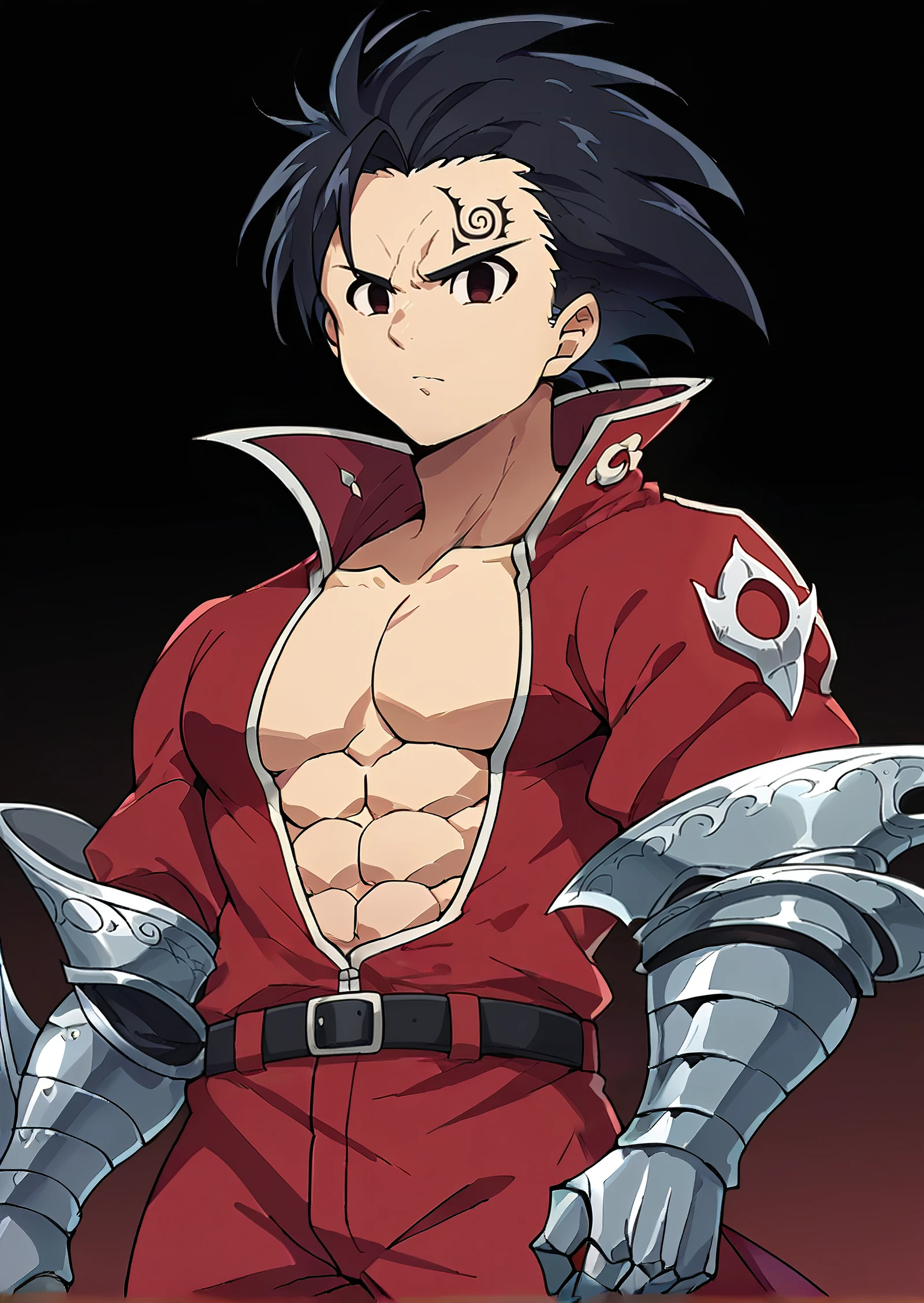 score_9, score_8_up, score_7_up, 1boy, solo, male focus, ponyzeldris, black hair, short hair, spiked hair, black eyes, red eyes, empty eyes, facial mark, gauntlets, red jacket, red pants, belt, open clothes, armor, abs, muscle, standing, looking at viewer, simple background,  <lora:Zeldris_Nanatsu_no_taizai_pony-000001:1>