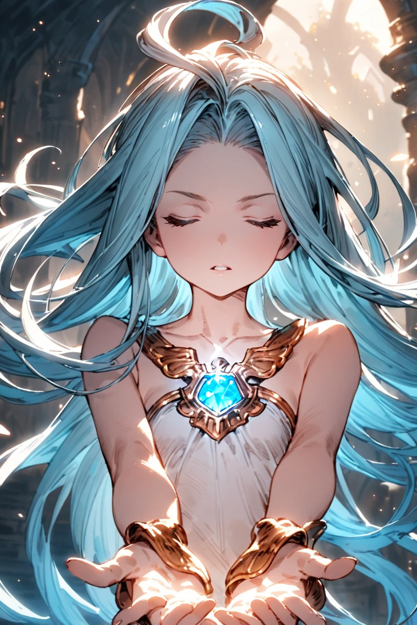 masterpiece, best quality, absurdres,
1girl, solo, scenery, magic, concentrating, closed eyes, facing viewer, floating hair, upper body,
lyria \(granblue fantasy\), very long hair, sleeveless dress, small breasts, skinny, glowing gem, parted lips,
<lora:lyria-XL:0.7>, open hands,
