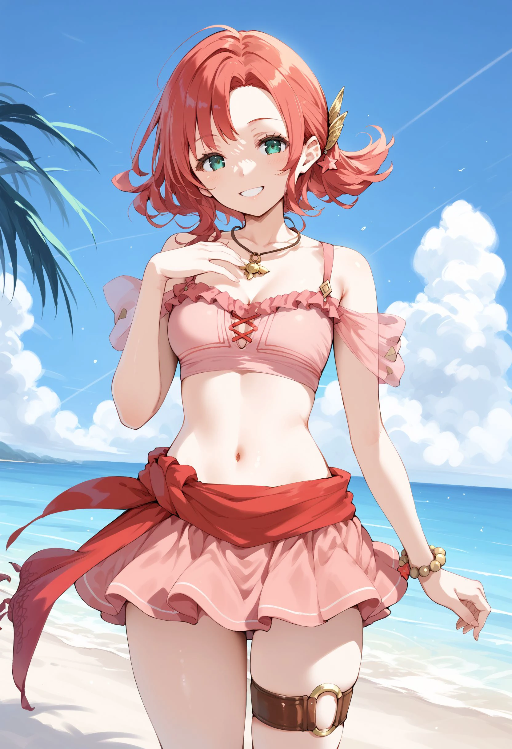 score_9, score_8_up, score_7_up, score_6_up, BREAK source_anime, best quality, masterpiece,
1girl,<lora:norne fehPonyXL:0.8>,norne feh,summer hair ornament,necklace,pink bikini,bikini skirt,bracelet,thigh strap,cowboy shot,standing,smile,sandy beach