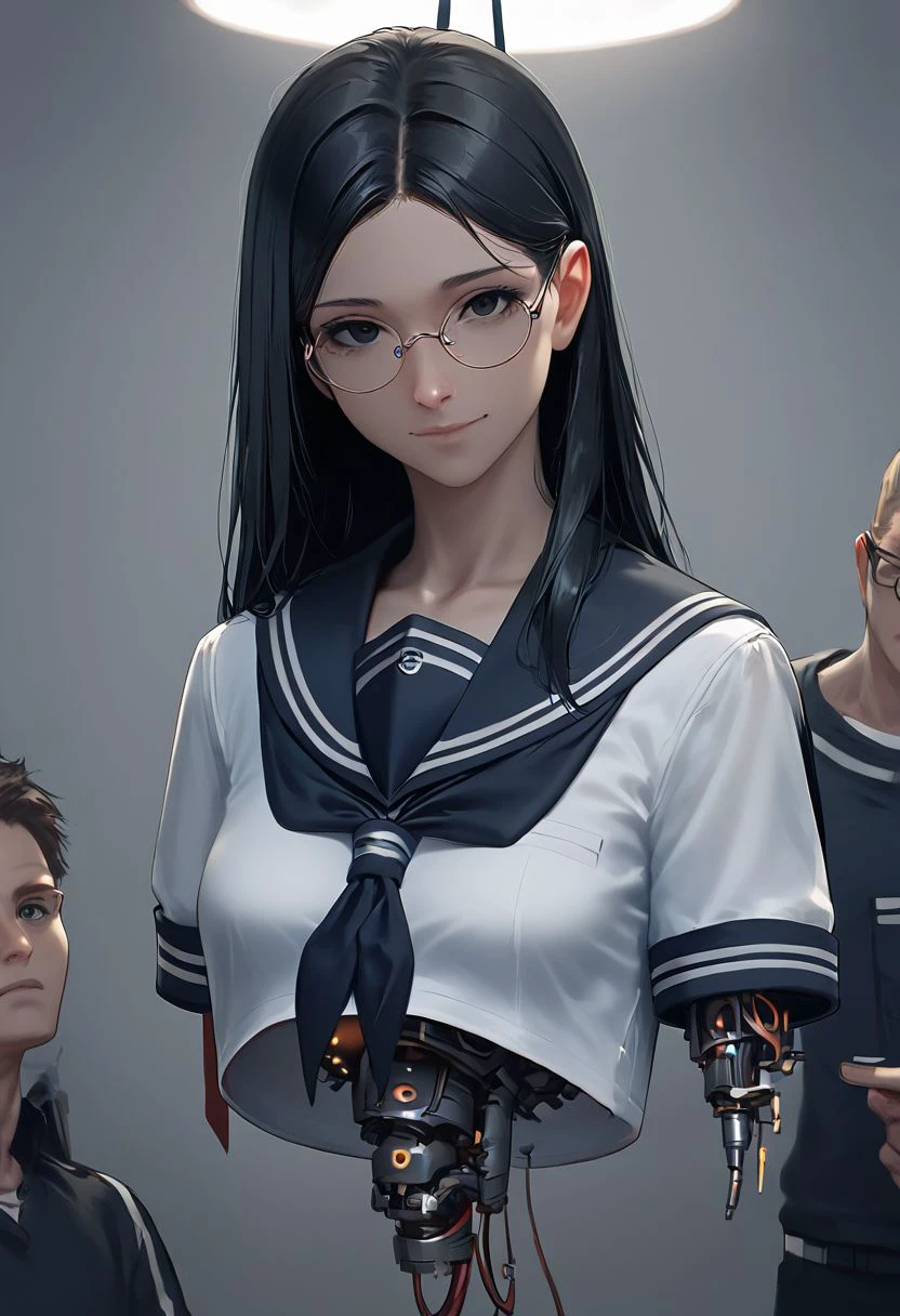 score_9, score_8_up, score_7_up, 1girl, robot torso, beautiful girl, long black hair, straight hair, black eyes, wire, school uniform, serafuku, sailor collar, detailed eyes, expressionless eyes, confused, round glasses, smile:0.5, lifted, hanging, tilted head, mechanical parts, looking at viewer, workshop, robot station, Expressiveh