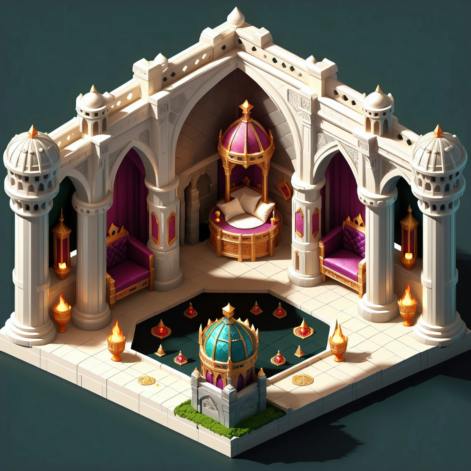 Elven Architecture Isometric (interior view:1.3) of a luxurious throne room <lora:Elven Structures Isometric:1>