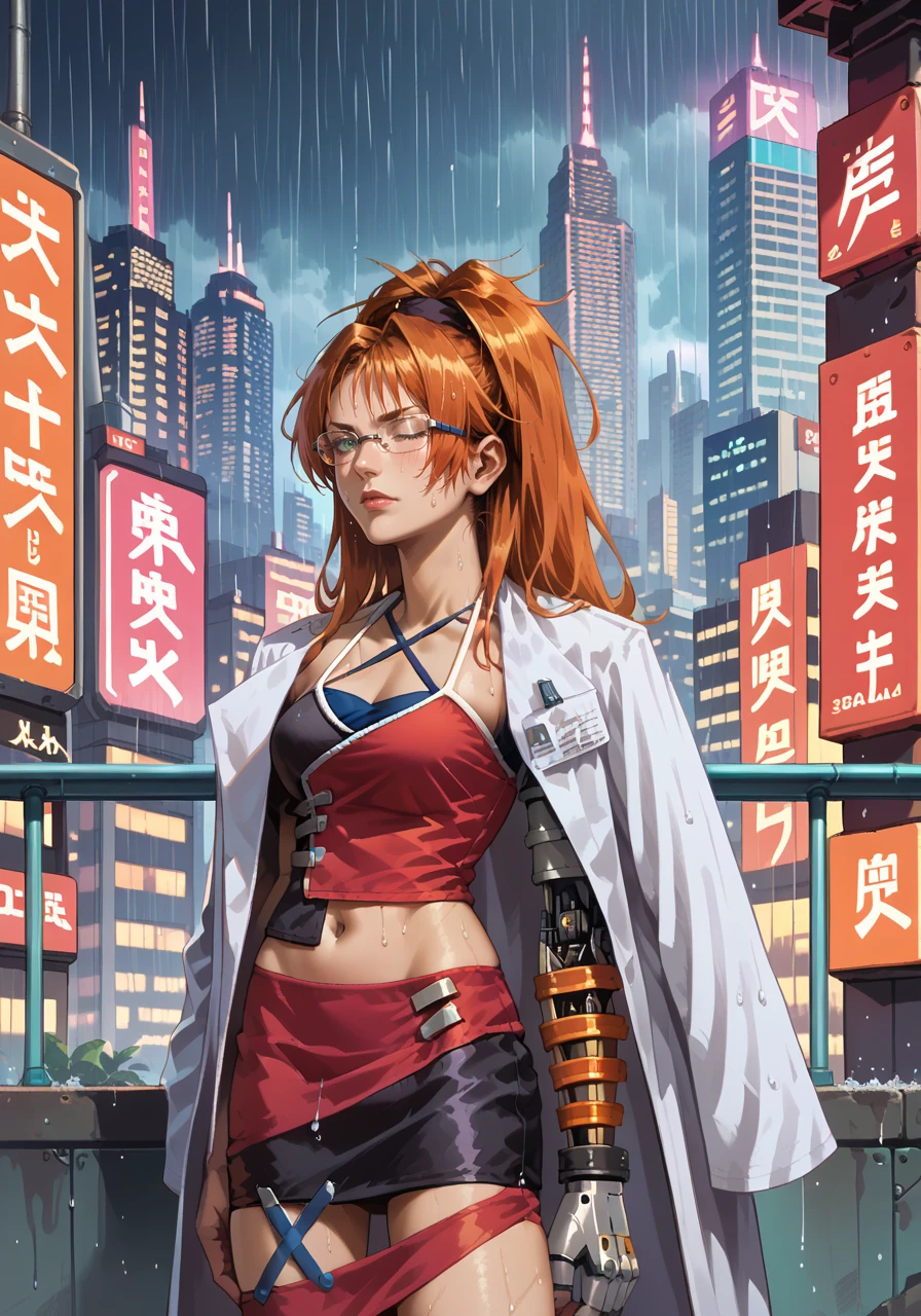 score_9, score_8_up, score_7_up, source_anime, <lora:Shalua_Rui_-_Final_Fantasy_VII:1>, shalua, solo, mechanical left arm, glasses, orange hair, cowboy shot, futuristic city, raining, skirt, criss-cross halter, labcoat, navel,