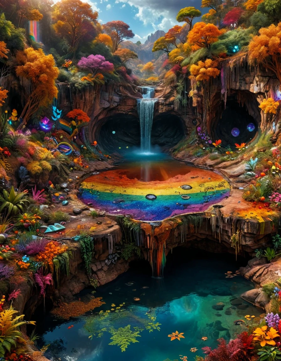 landscape of a Soothing [Sinkhole|Malawi], it is wearing a Steelpunk fashion style ral-realpride, Fall, religious imagery, dynamic graphic art, by James Gurney, Robert Antoine Pinchon and Donald Pass, avant-garde, science fiction, psychedelic, <lora:ral-realpride-sdxl:0.8>, set logical ambient background, luxurious, intricate detail, highly decorated, beautiful detailed, fine detail