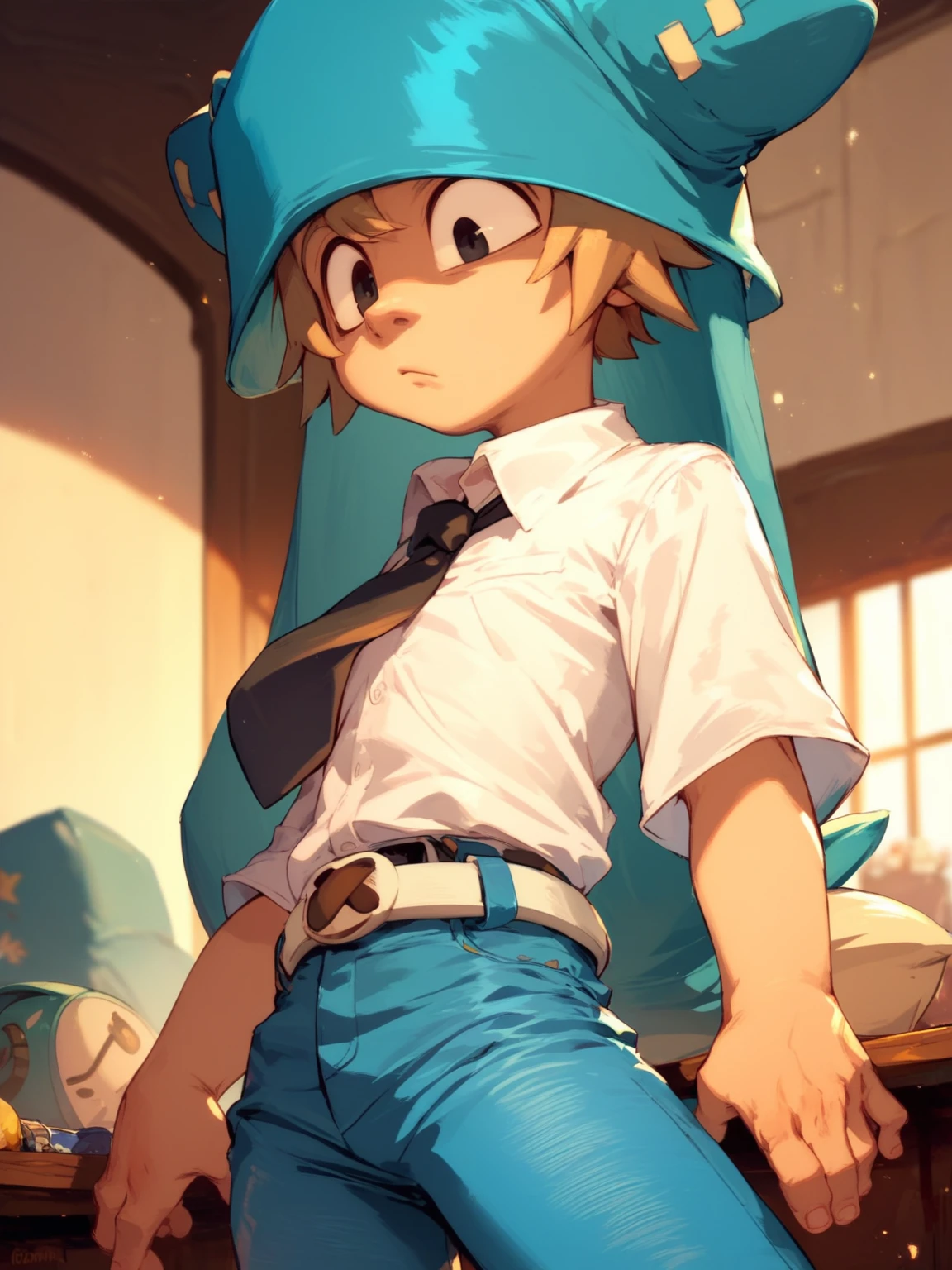 score_9, score_8_up, score_7_up, male focus, 1boy, solo, <lora:Yugo:1>, Yugo, black eyes, blue hat, jeans, necktie, white shirt, collared shirt, tight clothes, belt, indoors, teenage,