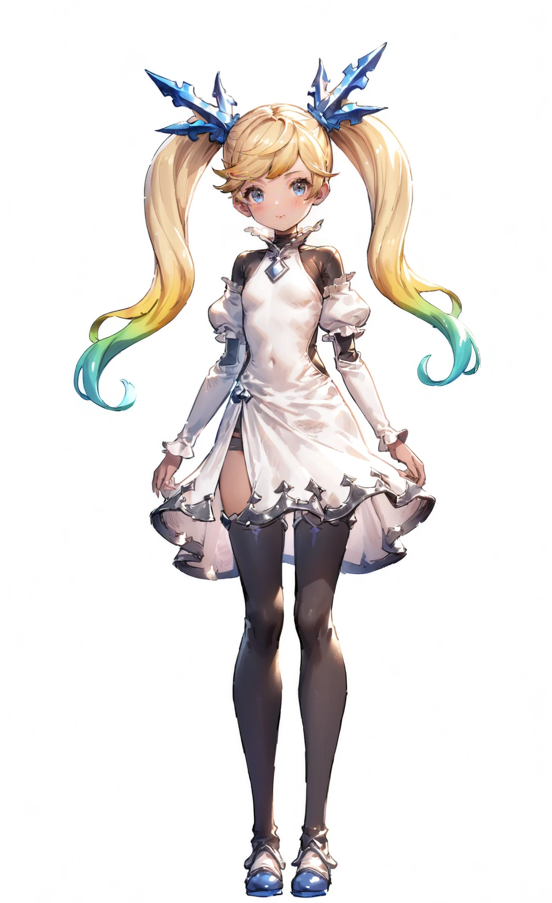 8k, best quality, masterpiece, (ultra-detailed), (high detailed skin), (white background:1.5),
(full body), (white background), standing, looking at viewer, (solo),
<lora:GBFV1-A3-Tanger-000013:0.75>,lo \(granblue fantasy\), lo's def clothes,1girl, solo, twintails, blonde hair, long hair, multicolored hair,
full_shot,