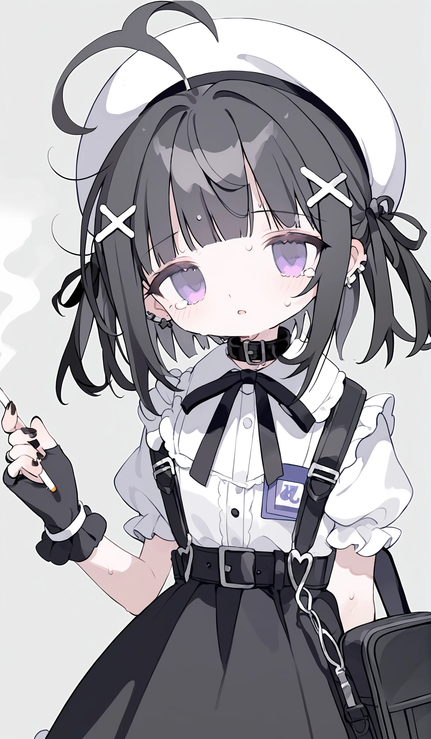 1girl,solo,hair ornament,bangs,frills,short sleeves,x hair ornament,dress,twintails,looking at viewer,white headwear,puffy sleeves,purple eyes,puffy short sleeves,heart,ahoge,black hair,black dress,long hair,blunt bangs,bow,ear piercing,choker,jewelry,hat,piercing,bag,holding,ribbon,black choker,cowboy shot,beret,grey background,frilled sleeves,simple background,earrings,sweat,black bow,sidelocks,black collar,heart ahoge,frilled dress,no nose,belt,cigarette,backpack,parted lips,buckle,ring,holding cigarette,tears,neck ribbon,black nails,black ribbon,hairclip,collar,name tag,<lora:6.1:1>,, score_9,score_8_up,score_7_up,Expressiveh,rating_safe,(masterpiece, best quality)