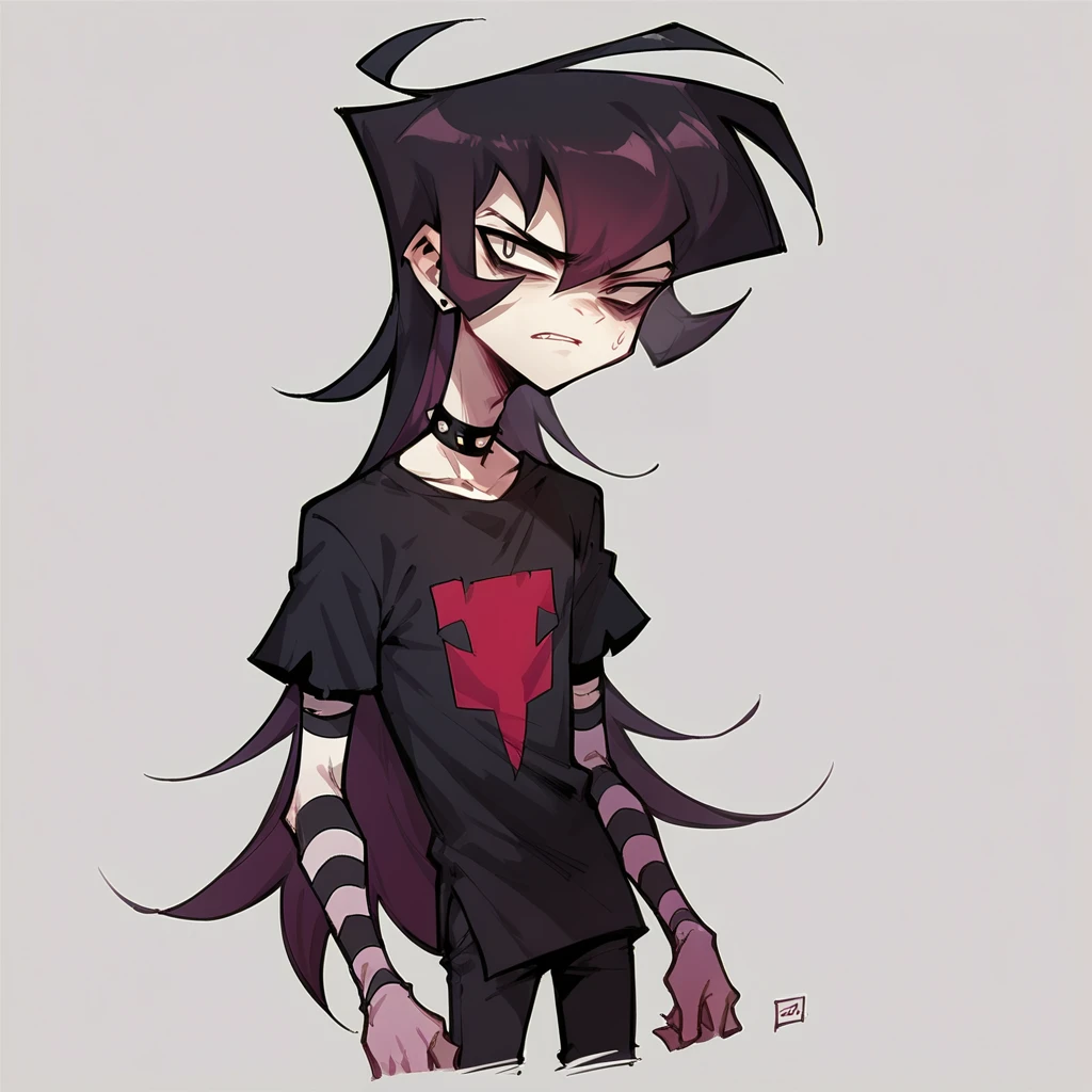 score_9, score_8_up, score_7_up, score_6_up, <lora:z1mXLP:1> z1m, (invader zim:0.8), solo, cel shading, 1boy, long hair, (black hair)