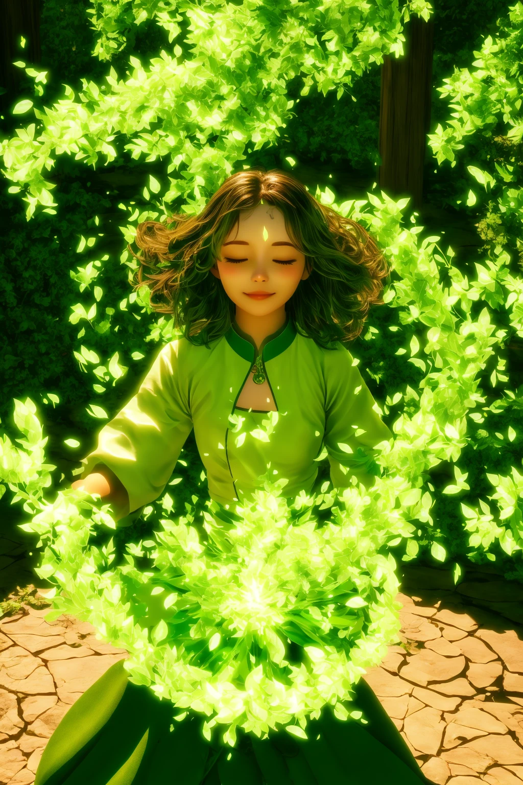 green-aura,green-magic,using green-leaf-magic,using green-healing-magic,green-healing-magic,green-healing-aura,green-leaf-magic,green-leaf-aura,1girl,solo,closed eyes,brown hair,indoors,glowing,facing viewer,<lora:magic_fighting_green_512_dreamshaper_8_2:0.8>,