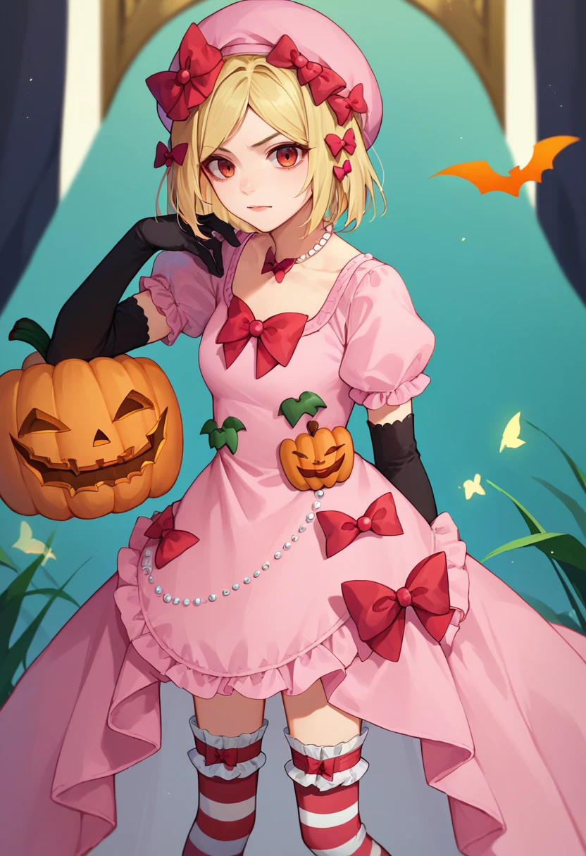 score_9, score_8_up, score_7_up, 1girl, Rambda, blonde hair, short hair, hair ornament, pink hat, necklace, pink gown, red bow, short sleeves, pumpkin brooch, elbow gloves, striped kneehighs, looking at viewer, <lora:DeltaLambda-000008:1>
