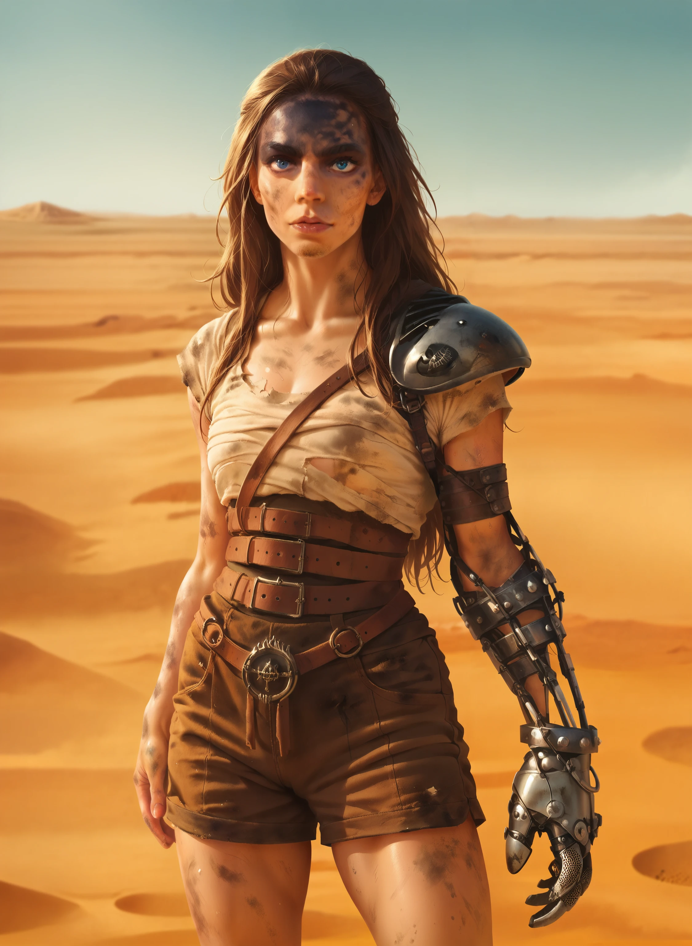 <lora:Furiosa_A_mad_Max_saga:0.8> mmsfuriosa, female, portrait, long hair, single mechanical arm, dark forehead, blue eyes, 2d, solo, standing, desert, mad max background, sexy tight shorts, thighs exposed, dirty body, score_9, score_8_up, score_7_up, score_6_up, score_5_up, score_4_up