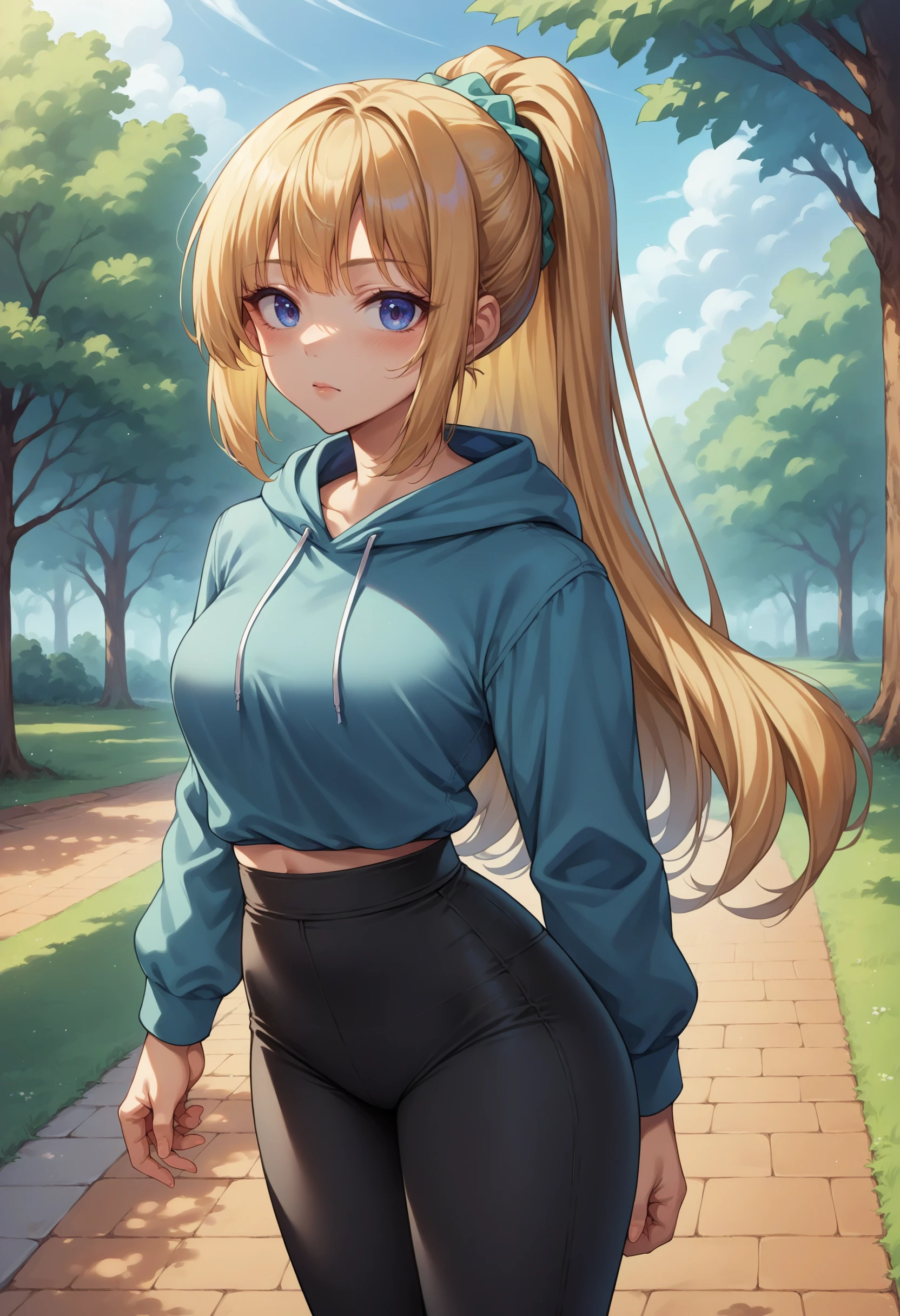 score_9, score_8_up, source_anime, 1girl, solo, KeiKaruizawa, ponytail, hair scrunchie, outdoors, park, blue hoodie, high-waist pants, yoga pants, black pants, light blush, <lora:ChamKeiKaruizawaPonyXL:1>