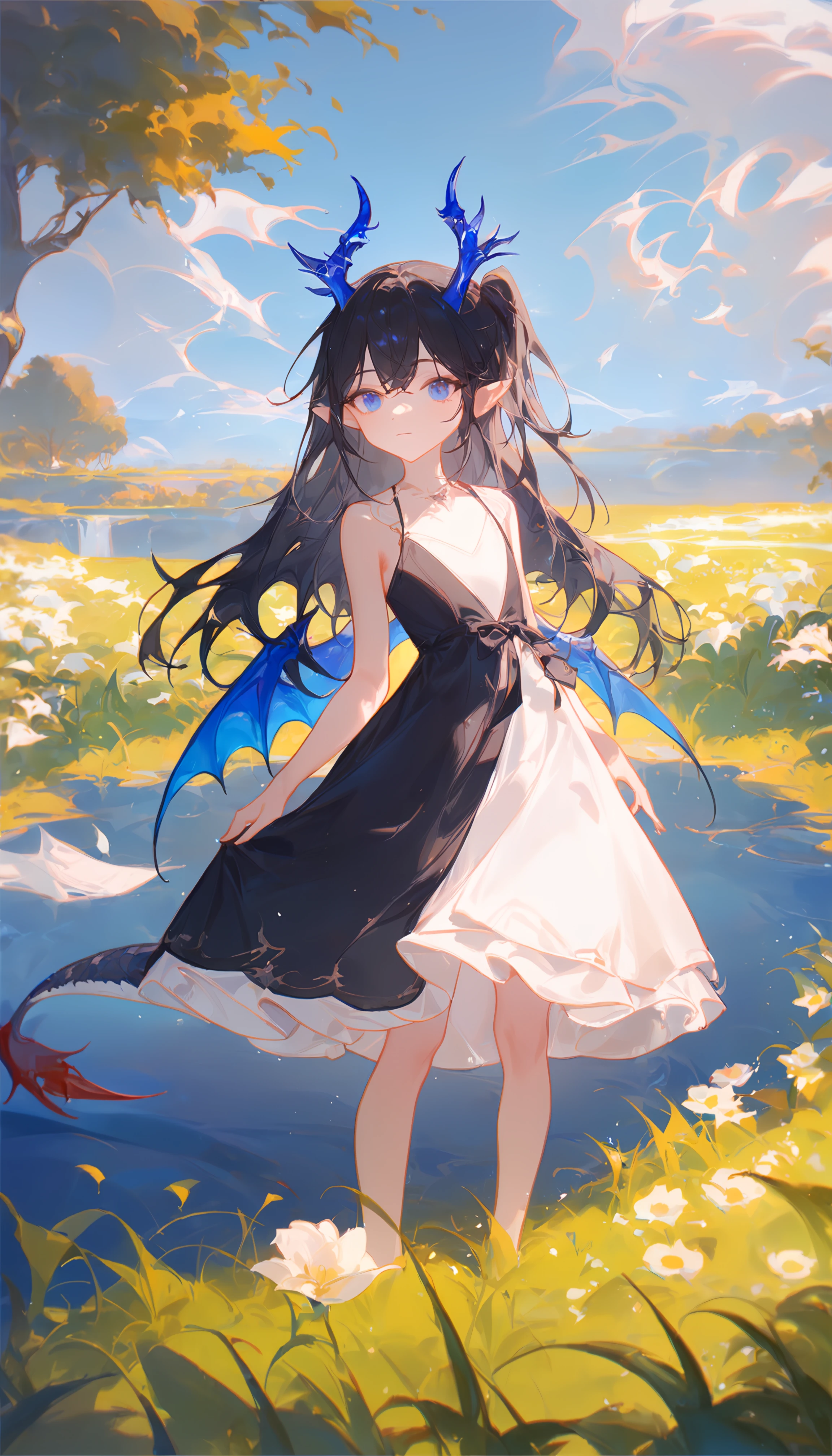 1girl, 
ciloranko, maccha \(mochancc\), lobelia \(saclia\), migolu, ask \(askzy\), wanke, (jiu ye sang:1.1), (rumoon:0.9), (mizumi zumi:1.1), 
1o1i, solo, dragon girl, dragon tail, dragon wings, dragon horns, white dress, long hair, side up, river, tree, forest, pointy ears, (close-up:0.8), horns, dress, wings, nature, scenery, outdoors, grass, white footwear, blue eyes, tail, black hair, full body, water, flat chest, sunlight, cloudy sky, blue wings, blue horns, cloud, sky, day, looking at viewer, flower, white flower, standing, flower field, field, black dress, 
masterpiece, newest, absurdres, safe