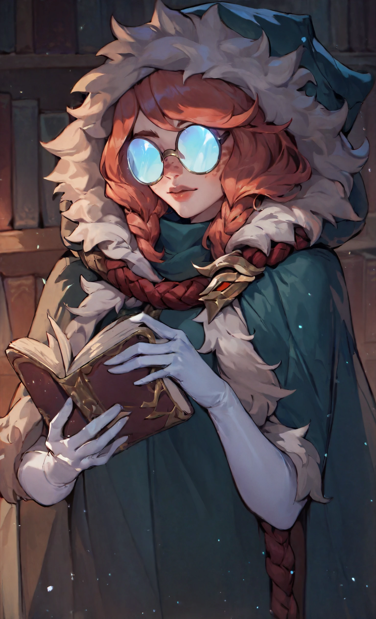 score_9, score_8_up, score_7_up, <lora:Aurora:1>, aurora (league of legends), 1girl, freckles, bangs, braid, green cloak, fur trim, hood up, library, round eyewear, opaque glasses, white gloves, holding book, open book