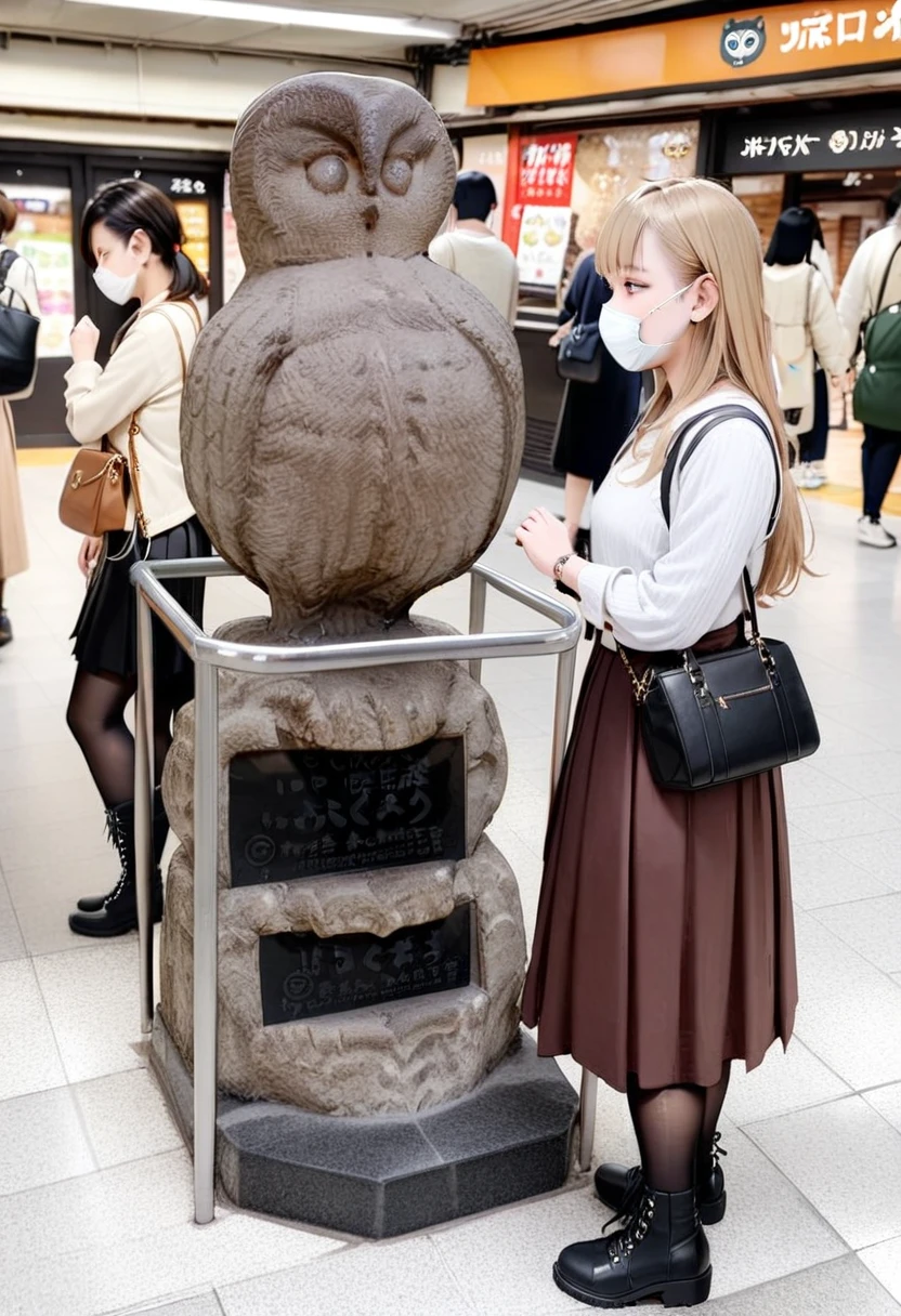 masterpiece, best quality, very aesthetic, absurdres,
ikefukurou, statue, owl, bag, multiple girls, mask, blonde hair, mouth mask, black hair, long hair, handbag, photo background, shirt, black footwear, pantyhose, realistic, white shirt, boots, dress, skirt, black bag, tiles, tile floor
<lora:ikefukurou_SDXL_V1:1>