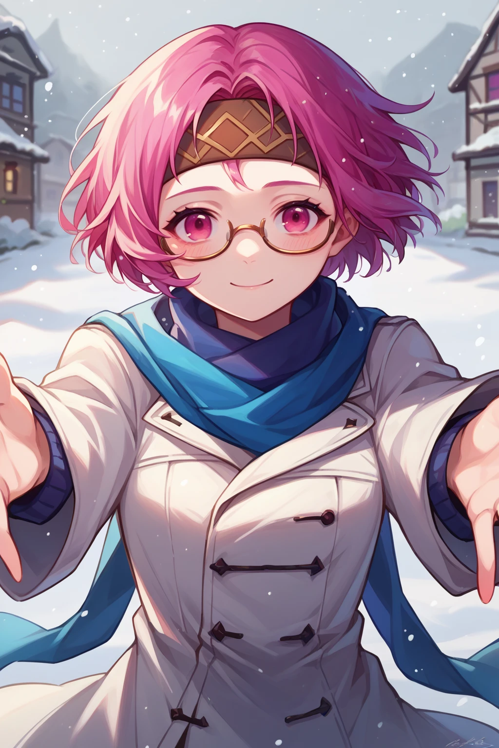 score_9, score_8_up, score_7_up, digital painting, 1girl, solo, <lora:NSNeimiFE8:0.9>  NSNeimiFE8, short hair, pink eyes, headband, blue scarf, white coat, winter, snowing, blush, pale skin, glasses, outstretched arms, reaching towards viewer, slight smile, pov