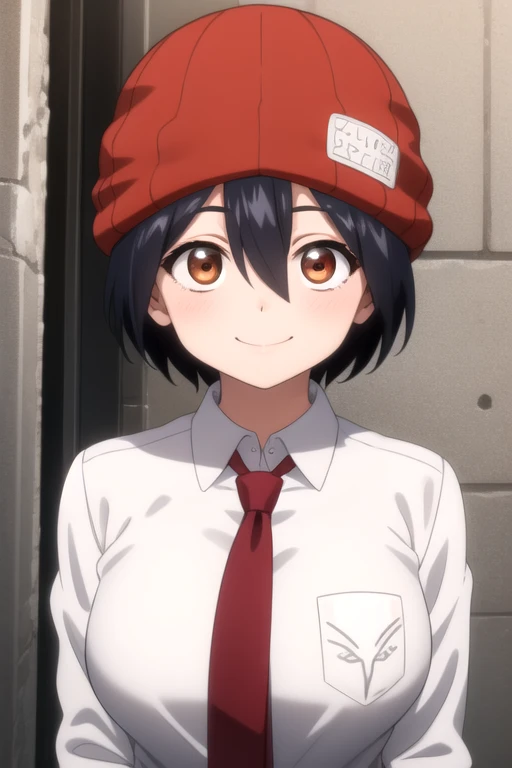 ((masterpiece)),(best quality),official art,extremely delicate and beautiful,extremely detailed CG,unity 8k wallpaper,ultra detailed,beautiful detailed eyes,extremely detailed face,outdoors,1girl,solo,upper body,(portrait:1.5),looking at viewer,facing viewer,smile,Izumo Fuuko,tomboy,beanie,red headwear,black hair,short hair,hair between eyes,brown eyes,collared shirt,white shirt,red necktie,large breasts,skindentation,long sleeves,red gloves,jacket around waist,black pants,sneakers,black footwear,<lora:Izumo Fuuko(uu)>,