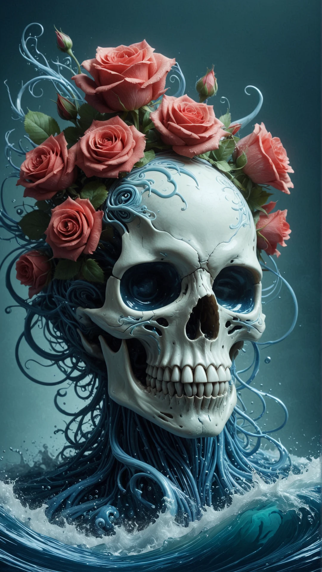 <lora:ElementWaterSDXL:1>ElementWater skull made of red roses, organic horror, devil, death, giger, epic, baroque, extremely detailed and intricate, artstation, digital painting, alphonse mucha, artgerm, greg rutkowski, cgsociety, water, swirling, splash