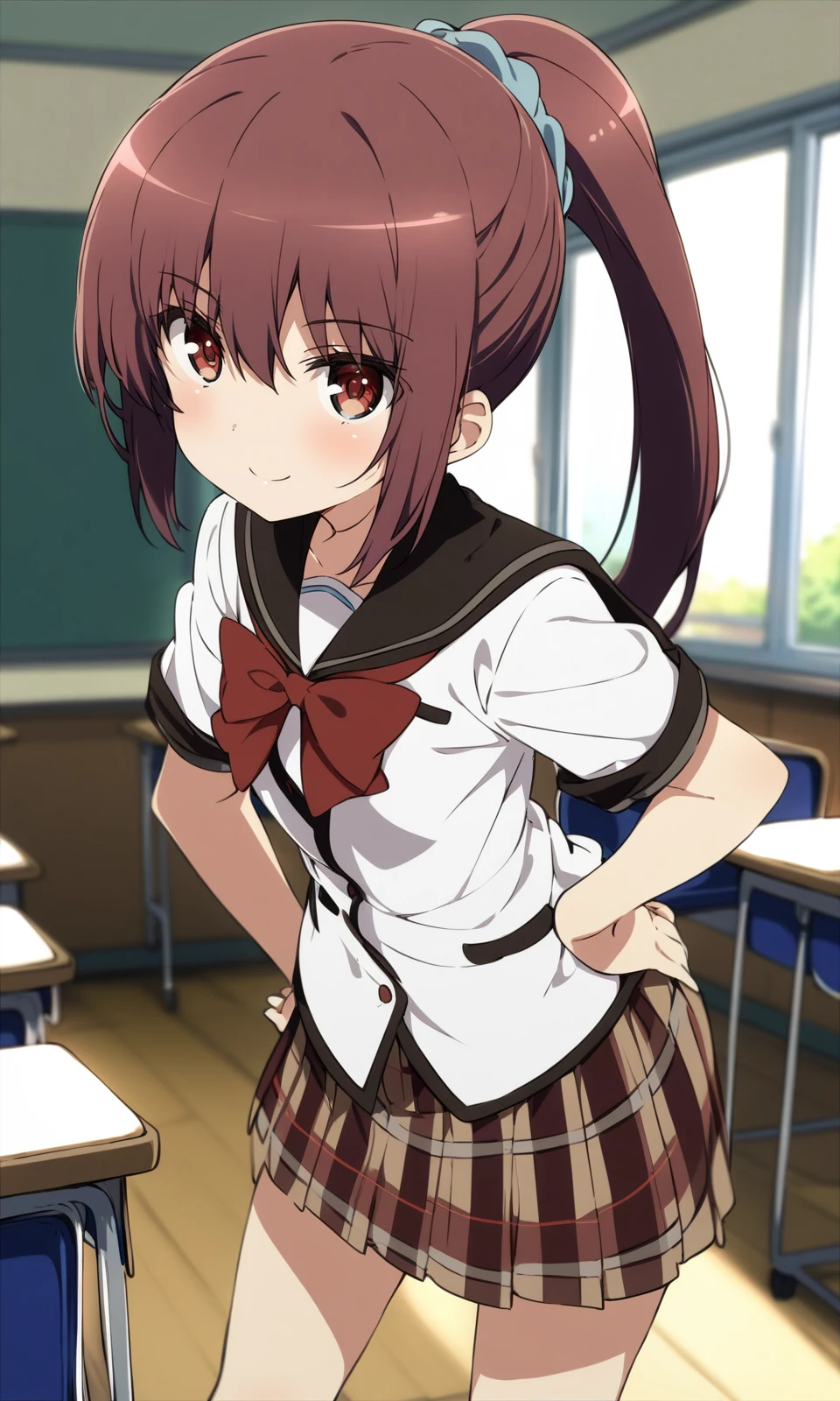 masterpiece, best quality, by ogipote, BREAK
solo, 1girl, suzukiikumi, brown eyes, brown hair, small breasts, ponytail,
school uniform, red bow, plaid skirt,
standing, looking at viewer, smile, hand on own hip,
indoors, classroom,
<lora:SuzukiIkumi_XL:1>