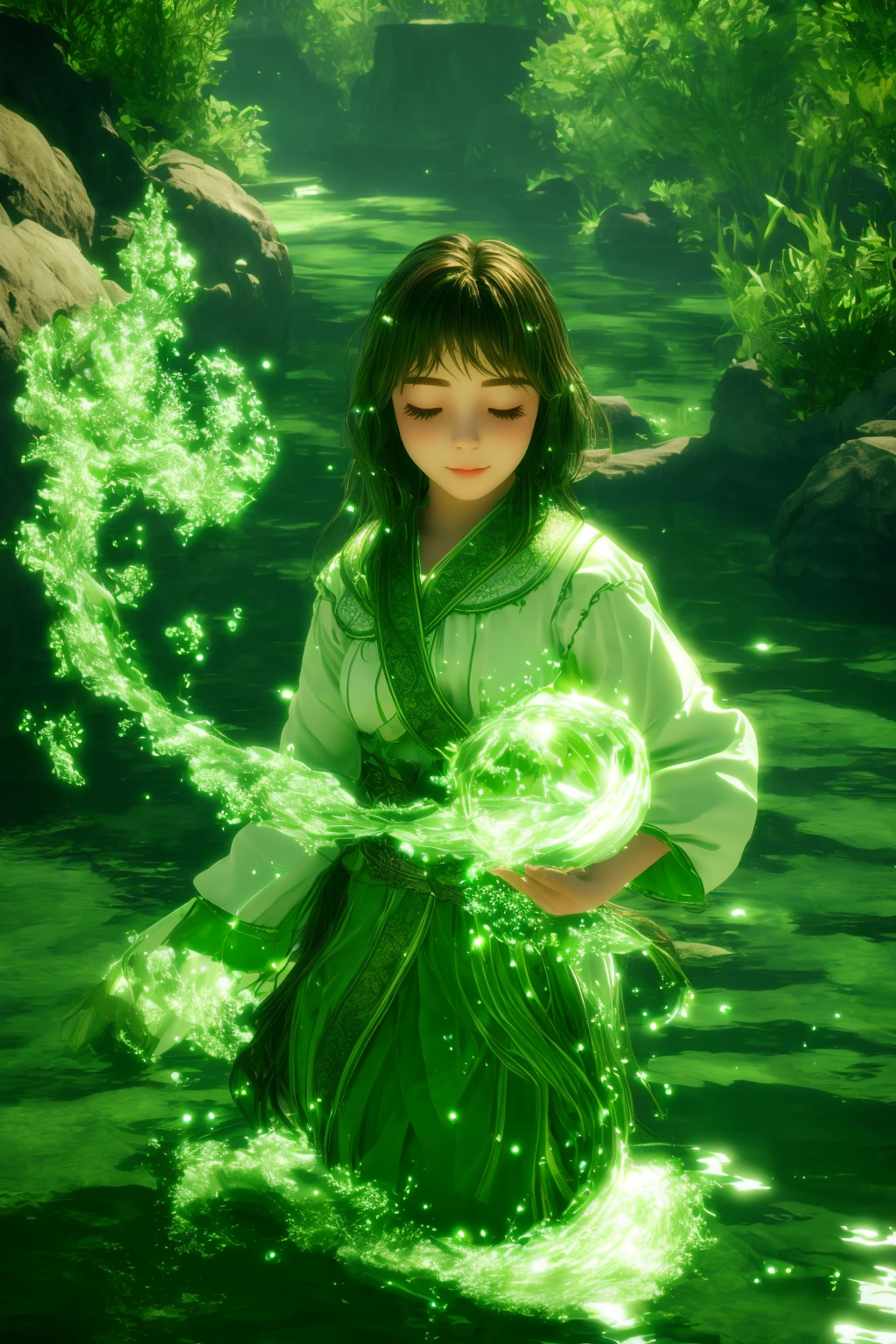 green-aura,green-magic,using green-water-magic,green-water-magic,green-water-aura,1girl,solo,closed eyes,brown hair,indoors,glowing,facing viewer,<lora:magic_fighting_green_512_dreamshaper_8_2:0.8>,