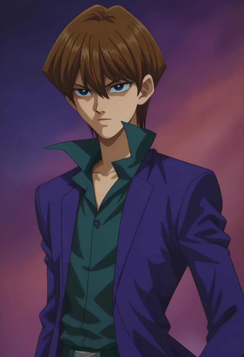 score_9, score_8_up, source_anime, highly detailed, masterpiece, best quality,detailed,intricate details, amazing quality, best aesthetic, absurdres, ,seto kaiba, blue eyes, brown hair, purple trench coat, green collared shirt, green pants, score_7_up, source_<lora:EMS-388485-EMS:1.000000>