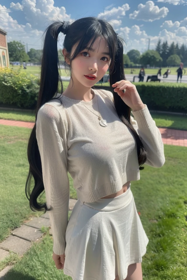 1girl,outdoors,skirt,solo,photo background,black hair,white skirt,twintails,looking at viewer,day,sweater,long hair,realistic,drill hair,black eyes,bangs,long sleeves,shirt,
best quality,masterpiece,illustration,Amazing,finely detail,masterpiece,official art,incredibly absurdres,huge filesize,ultra-detailed,highres,extremely detailed,realistic,,<lora:Azusa Onodera_20240602181841:0.8>
