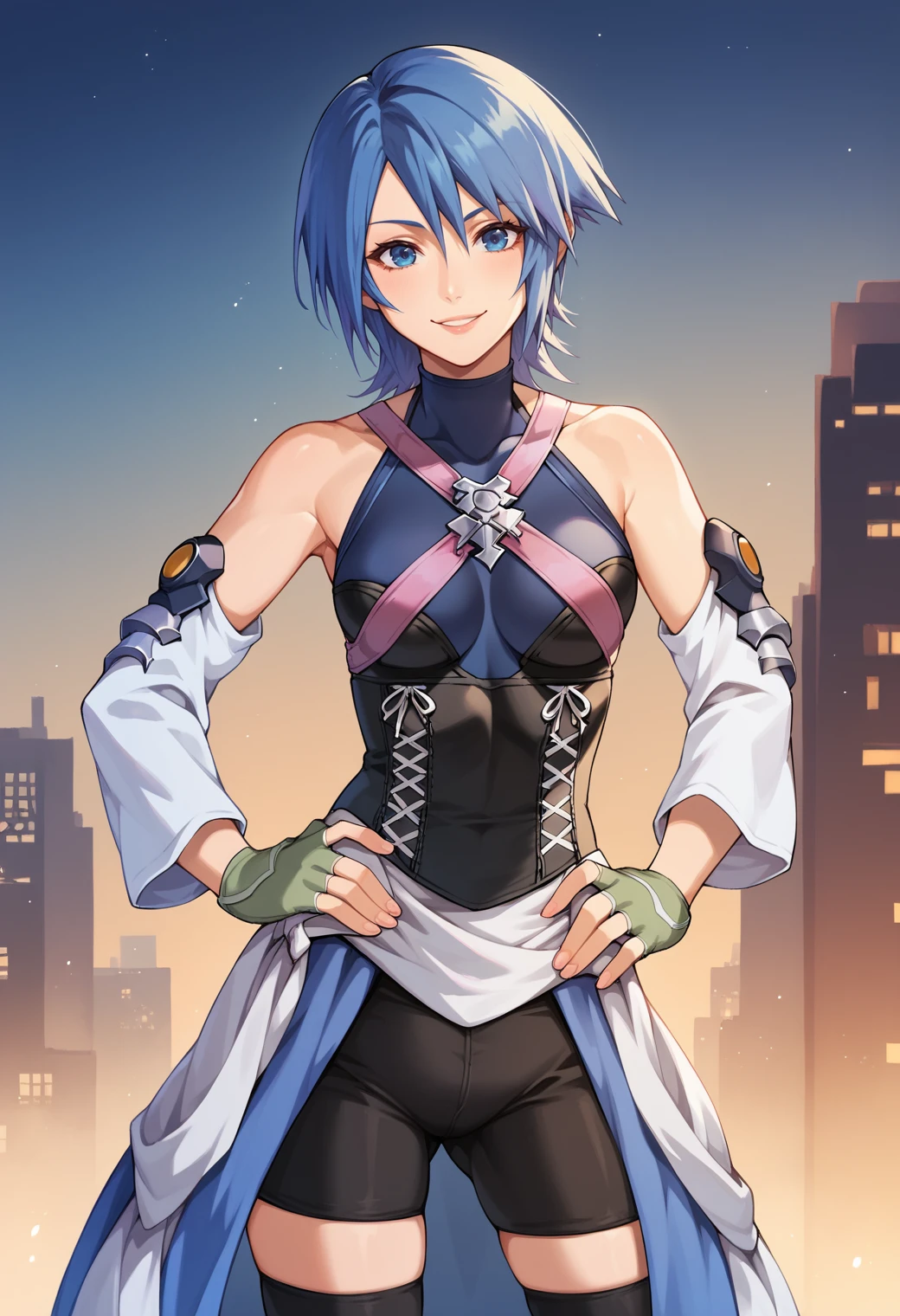 score_9,score_8_up,score_7_up,source_anime BREAK <lora:Aqua_(Kingdom_Hearts)_V2:0.8>,high detail,good hands,perfect hands,1girl,solo,aqua (kingdom hearts),detached sleeves,bare shoulders,halterneck,corset,criss-cross straps,fingerless gloves,gloves,overskirt,bike shorts under skirt,black thighhighs,smile,hand on hip,cowboy shot,city