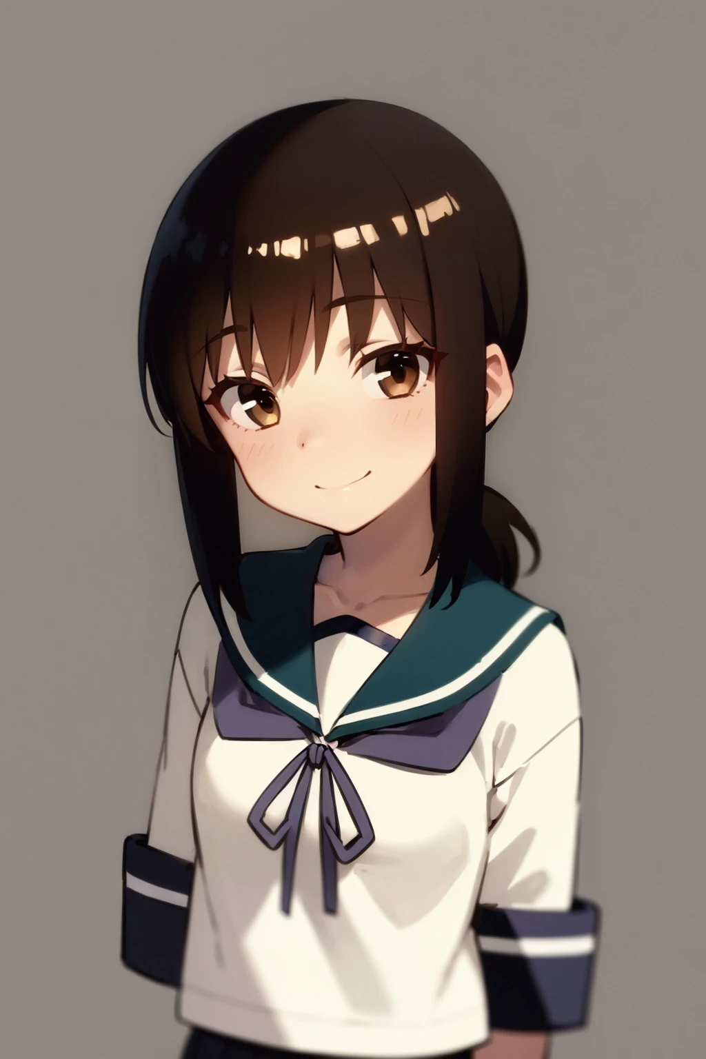 masterpiece, best quality,
1girl, fubuki \(kancolle\), brown hair, low ponytail, sidelocks, brown eyes,
sailor collar, school uniform, serafuku, pleated skirt,
hands behind back, smile, upper body, solo, looking at viewer, simple background, solid grey background <lora:Fubuki:1>