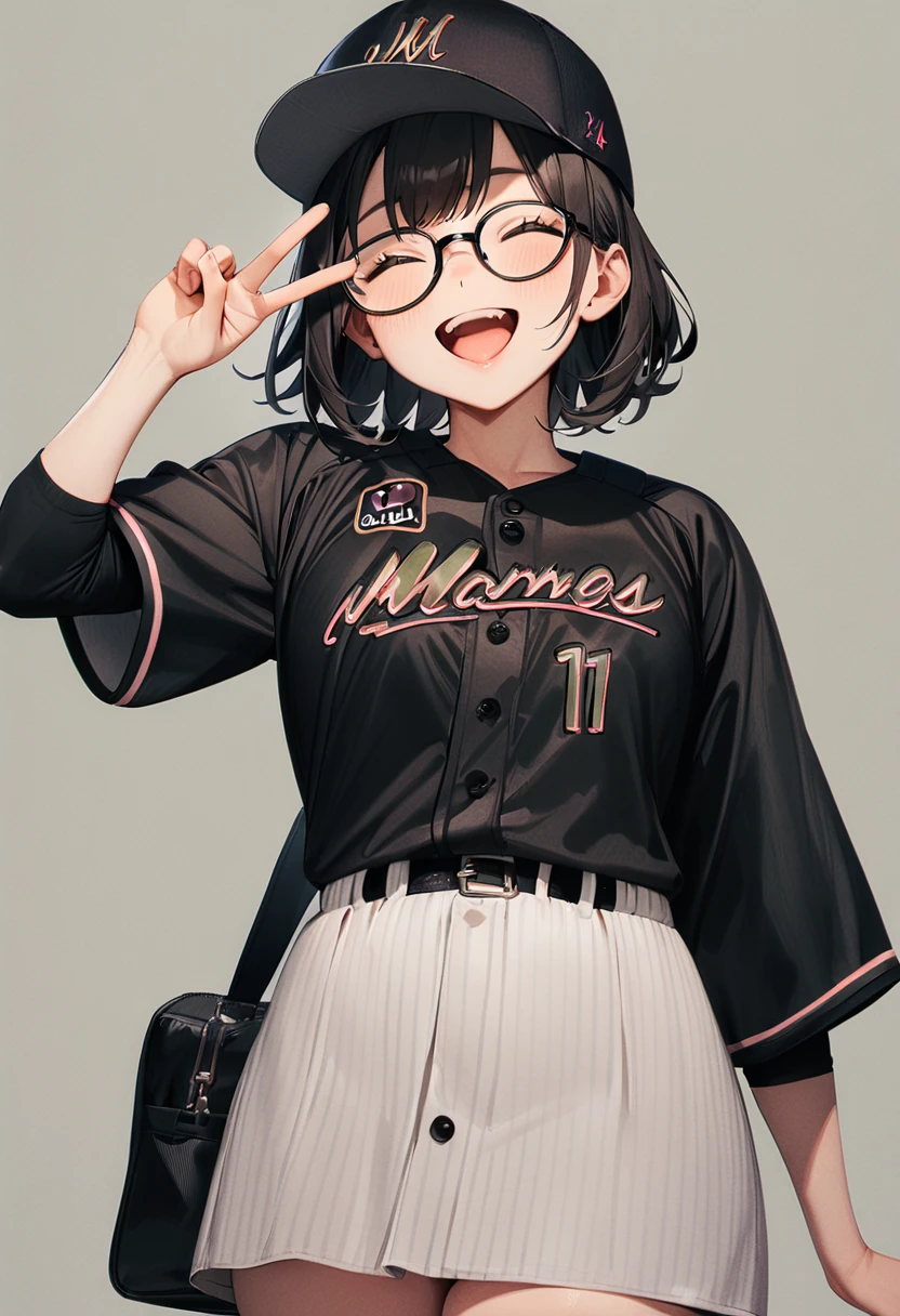 masterpiece, best quality, very aesthetic, absurdres,
1girl, glasses, black hair, medium hair, 
BSW2024, baseball uniform, baseball cap, black shirt, skirt, bag, happy, smile, closed eyes, open mouth, v, looking at viewer, simple background, grey background
 <lora:chiba_lotte_marines_BSW2024_SDXL_V1:1>