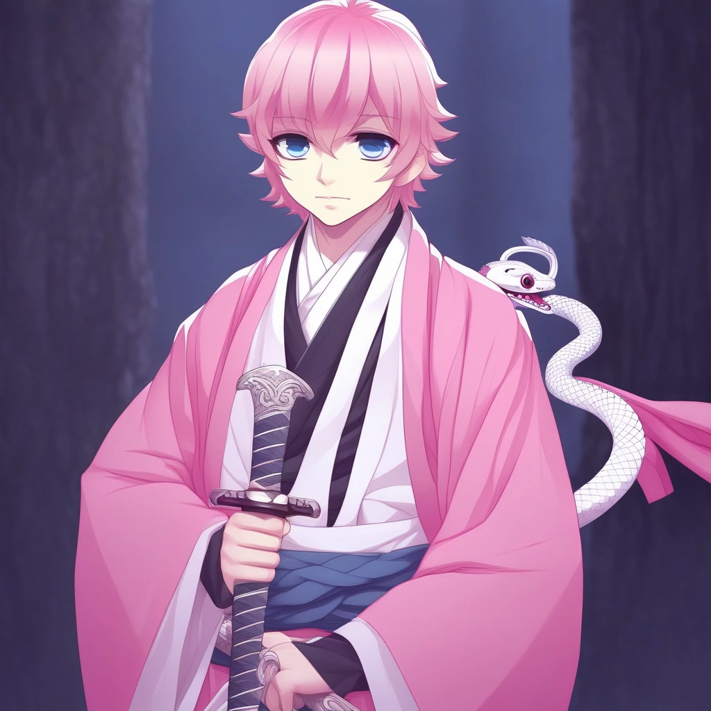 sword, white snake, scarf, pink kimono, 1boy, ^ ^, holding, holding weapon, facing viewer, blue eyes
