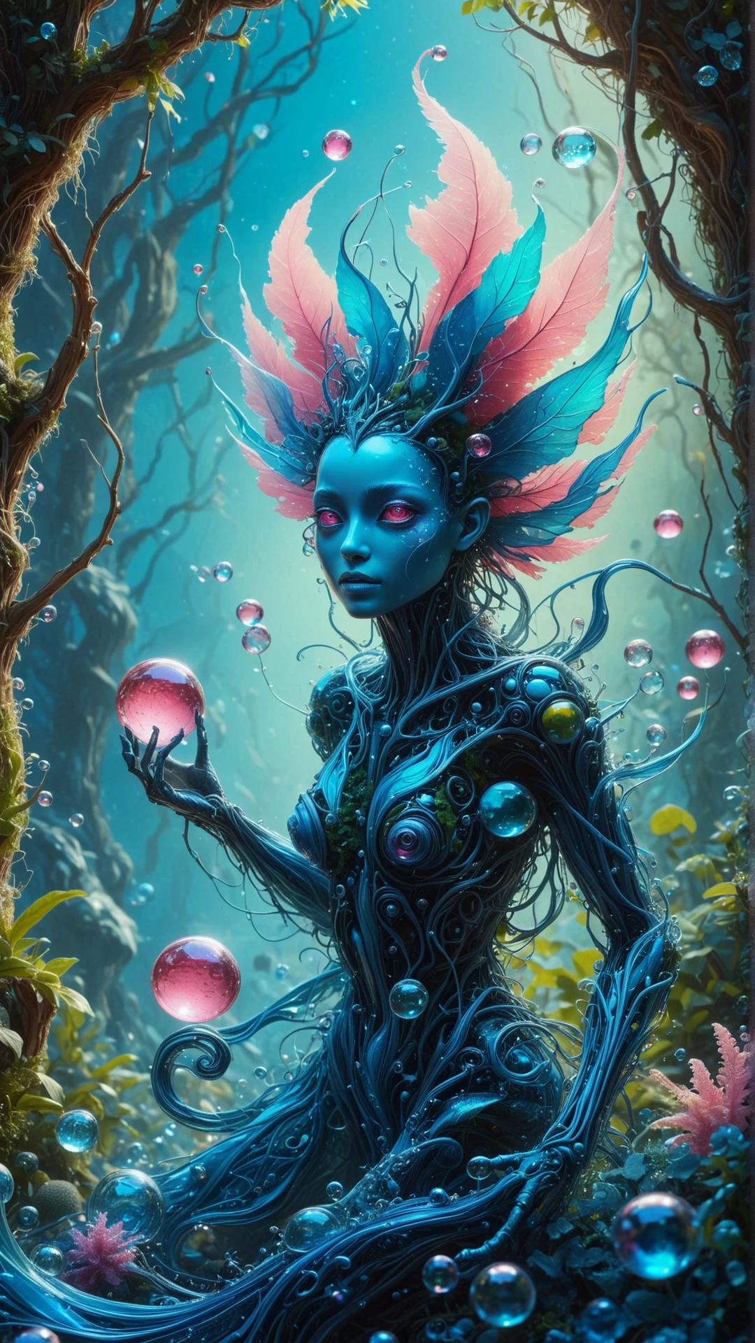 <lora:ElementWaterSDXL:1>ElementWater Surreal digital painting of a lush, glass garden invaded by bubblegum pink aliens, Crystal clear glass sculptures, Intricate topiary designs, Glowing, iridescent flora, Holographic butterflies, Invading aliens with vibrant, neon-pink exoskeletons, Bioluminescent features, Large, curious eyes, Expressive faces, Playful, curious behavior, Contrasting textures of smooth glass and rough bark, Vibrant, contrasting colors, Bright blue sky, Golden sunlight filtering through the glass structures, Dreamlike atmosphere, Whimsical, enchanting mood, Detailed, high-resolution, Artstation, Wallpaper, Promo art, Concept art, Illustration, Dramatic lighting, Sharp focus, Wide angle, Saturated colors, water, swirling, splash