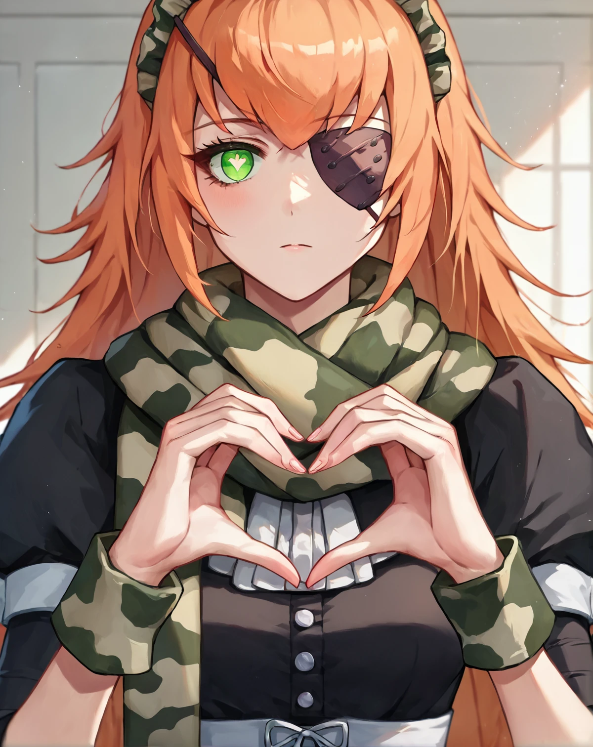 score_9,score_8_up,score_7_up,source_anime,
looking at viewer,
DCZER,1girl,long hair,green eyes,camouflage,orange hair,symbol-shaped pupils,eyepatch,maid,standing,<lora:Cz2128_Delta-000005:1>,scarf,upper body,heart hands,