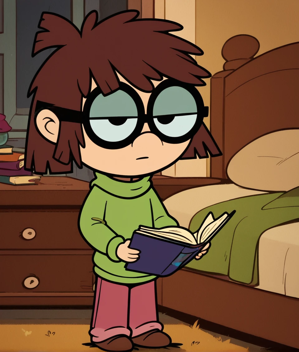 <lora:LisaLoud:1>, lisaloud, 1girl, solo, green sweater, pink pants, brown footwear,  glasses, standing in a bedroom, looking at viewer, brown hair, short, reading a book, chibi,, score_9, score_8_up, score_7_up,