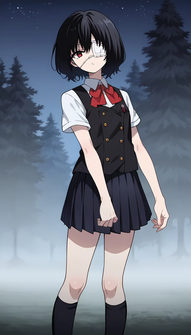 score_9, score_8_up, score_7_up, source_anime, masterpiece, 1girl, solo, meimisaki, black hair, red eyes, medical eyepatch, school uniform, black vest, pleated skirt, bow, short sleeves, looking at viewer, black kneehighs, cowboy shot, <lora:MisakiMeiPONY:1>, night, horror \(theme\), dark trees, horror, (anime screencap:0.6),