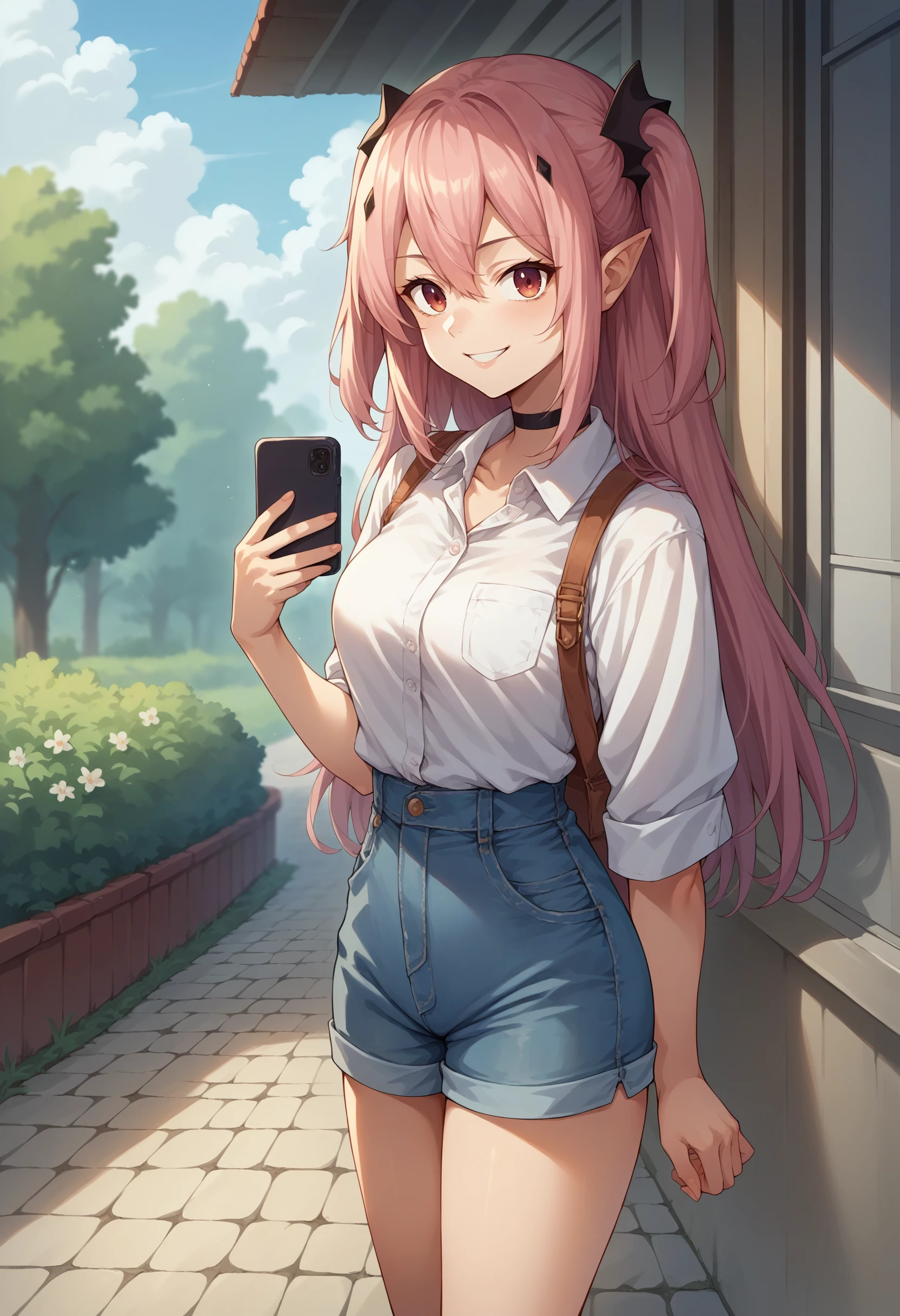 score_9, score_8_up, source_anime, 1girl, solo, KrulTepes, long hair, two side up, hair ornament, white shirt, dress shirt, black choker, holding cellphone, denim shorts, high-waist shorts, outdoors, smile, <lora:ChamKrulTepesPonyXL:1>