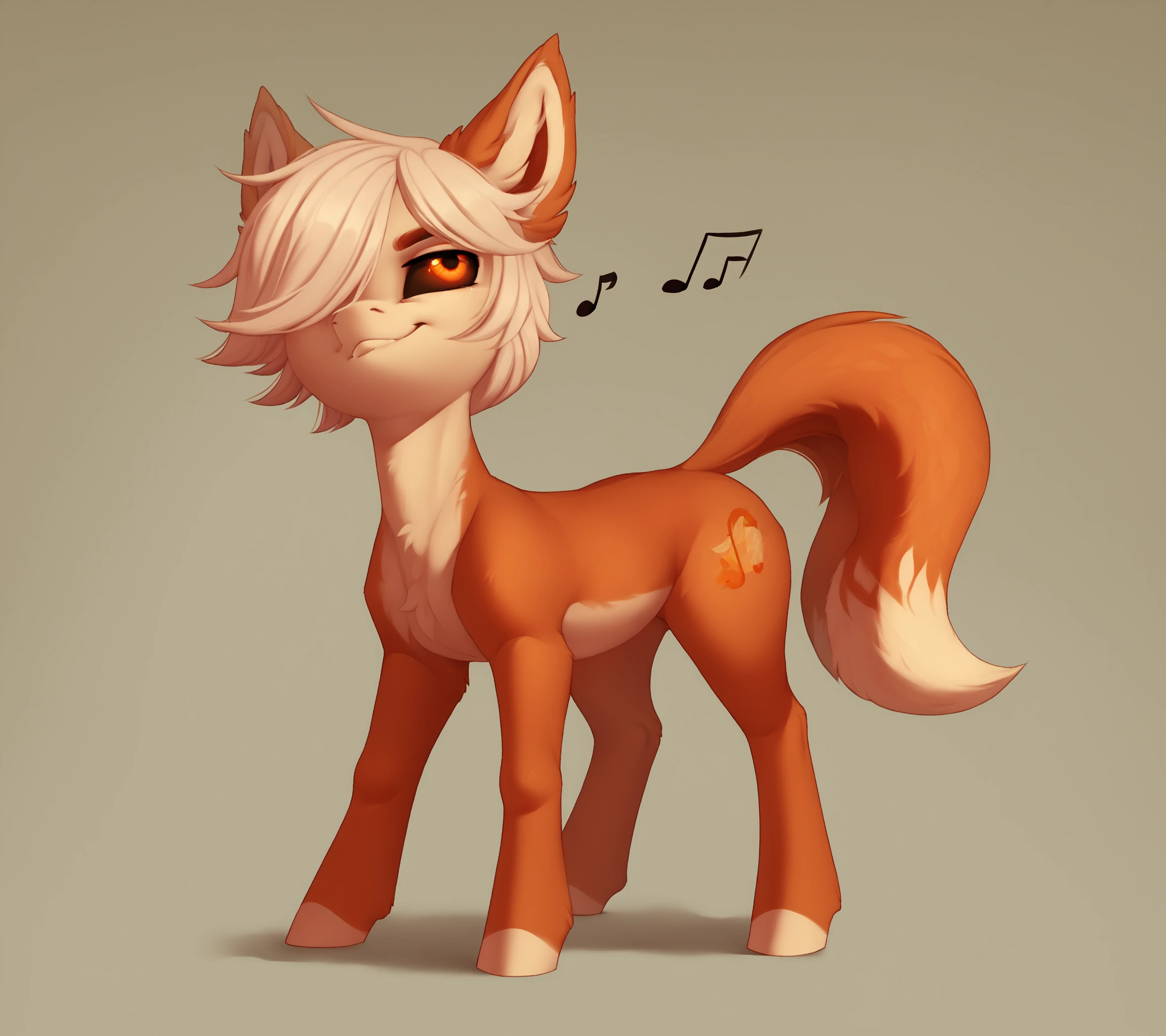 score_9, score_8_up, score_7_up, score_6_up, score_5_up, score_4_up, source_pony, pony, evehly, by evehly, full body, 1boy, solo, taithrah, black sclera, orange eyes, white hair over one eye, fox tail, fox ears, half-closed eyes, musical note, looking away, smug<lora:SLTaithrah:1><lora:Ponydiffusionv6Evehlystyle:1>