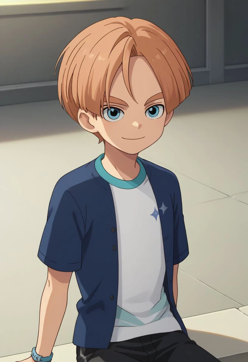 score_9, score_8_up, source_anime, highly detailed, 1boy, solo
malik, male focus, 1boy, solo, blue eyes, smile, upper body, orange hair, blue shirt, open shirt, t-shirt, striped t-shirt, short pants, full body, 
outdoor, sit,