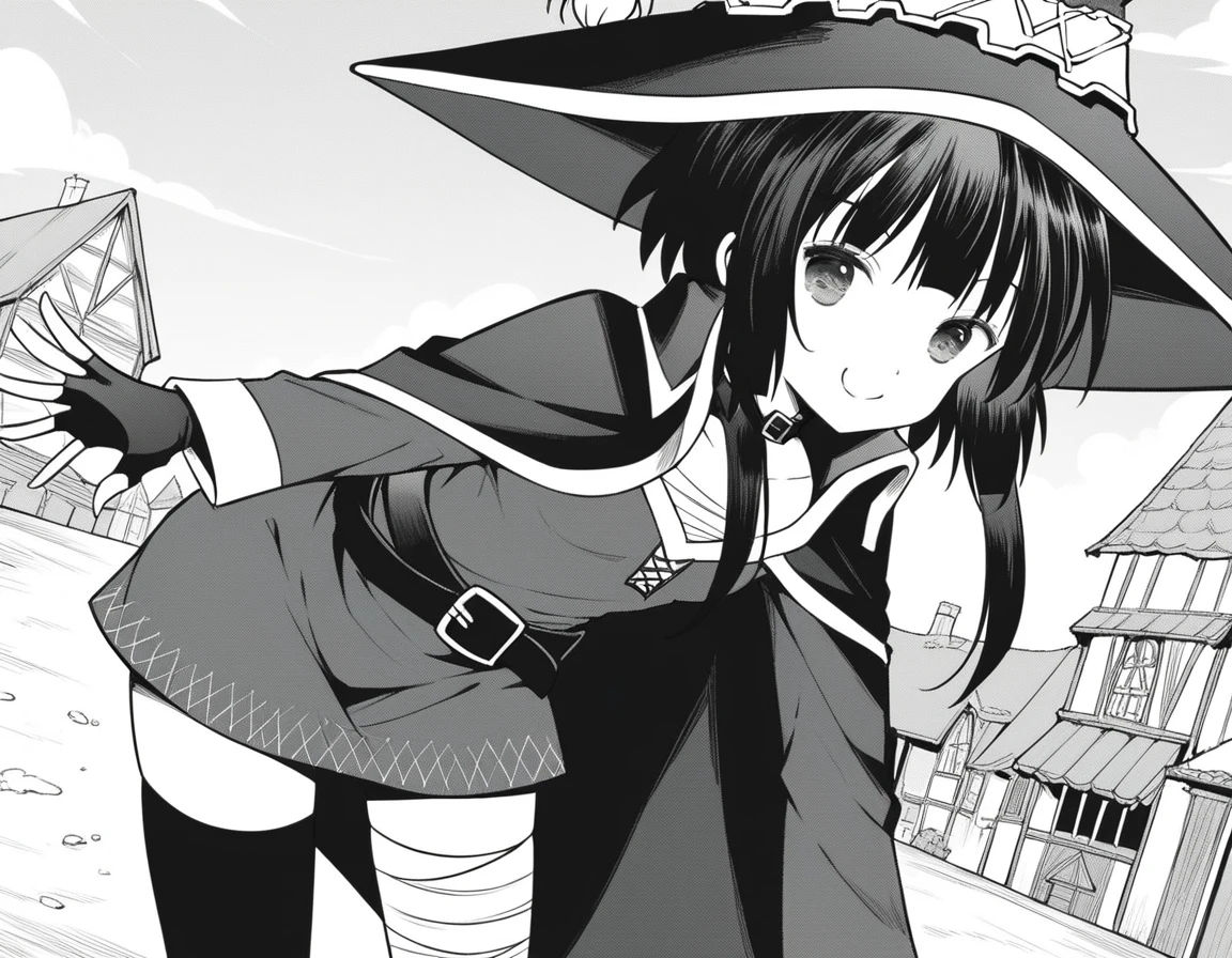 score_9, score_8_up, score_7_up, source_anime,
konosubamegumin, <lora:konosuba-megumin-manga-ponyxl-lora-nochekaiser:1>,
megumin, short hair, black hair, short hair with long locks, monochrome, greyscale,
thighhighs, gloves, hat, dress, black gloves, belt, black thighhighs, fingerless gloves, cape, collar, witch hat, bandages, single thighhigh, asymmetrical legwear, bandaged leg,
outdoors, village, bent over, smile,
looking at viewer, dutch angle, cowboy shot,