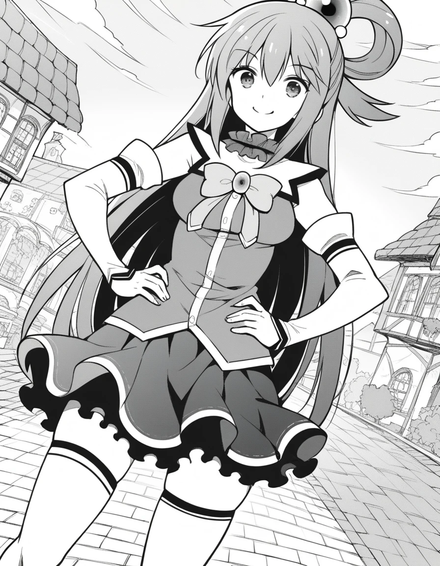 score_9, score_8_up, score_7_up, source_anime,
konosubaaqua, <lora:konosuba-aqua-manga-ponyxl-lora-nochekaiser:1>,
aqua \(konosuba\), long hair, hair ornament, very long hair, hair rings, single hair ring, hair bobbles, monochrome, greyscale,
skirt, shirt, thighhighs, bare shoulders, detached sleeves, white thighhighs,
outdoors, village, hands on hips, smile,
looking at viewer, cowboy shot, dutch angle, solo,