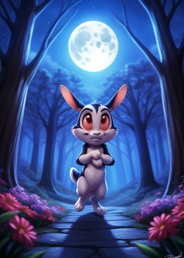 cinematic film still  <lora:BunniculaBunNi1:1>  BunniculaBunNi, solo,  Red eyes, chibi,   EarsWings, Jumping
[forest, grass, stars,moon shining, clouds, flowers, bright moon, candles,]
 (beautiful, aesthetic, perfect, delicate, intricate), masterpiece, digital drawing, best quality,  
[by personalami], by smitty g, [[[by Foxovh]]], [[by Ross Tran]]   . shallow depth of field, vignette, highly detailed, high budget, bokeh, cinemascope, moody, epic, gorgeous, film grain, grainy
