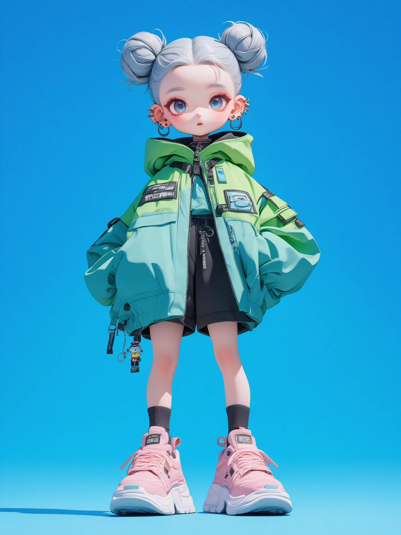 (\mang he\), 1girl, solo, double bun, blue background, hair bun, earrings, shoes, jewelry, full body, blue eyes, shorts, looking at viewer, socks, standing, jacket, hand in pocket, black shorts, long sleeves, hood, black socks, gradient, shadow, piercing, short hair, pink footwear, gradient background, sneakers, ear piercing, bag, pocket, parted lips, grey hair,<lora:mangheXL:1>,